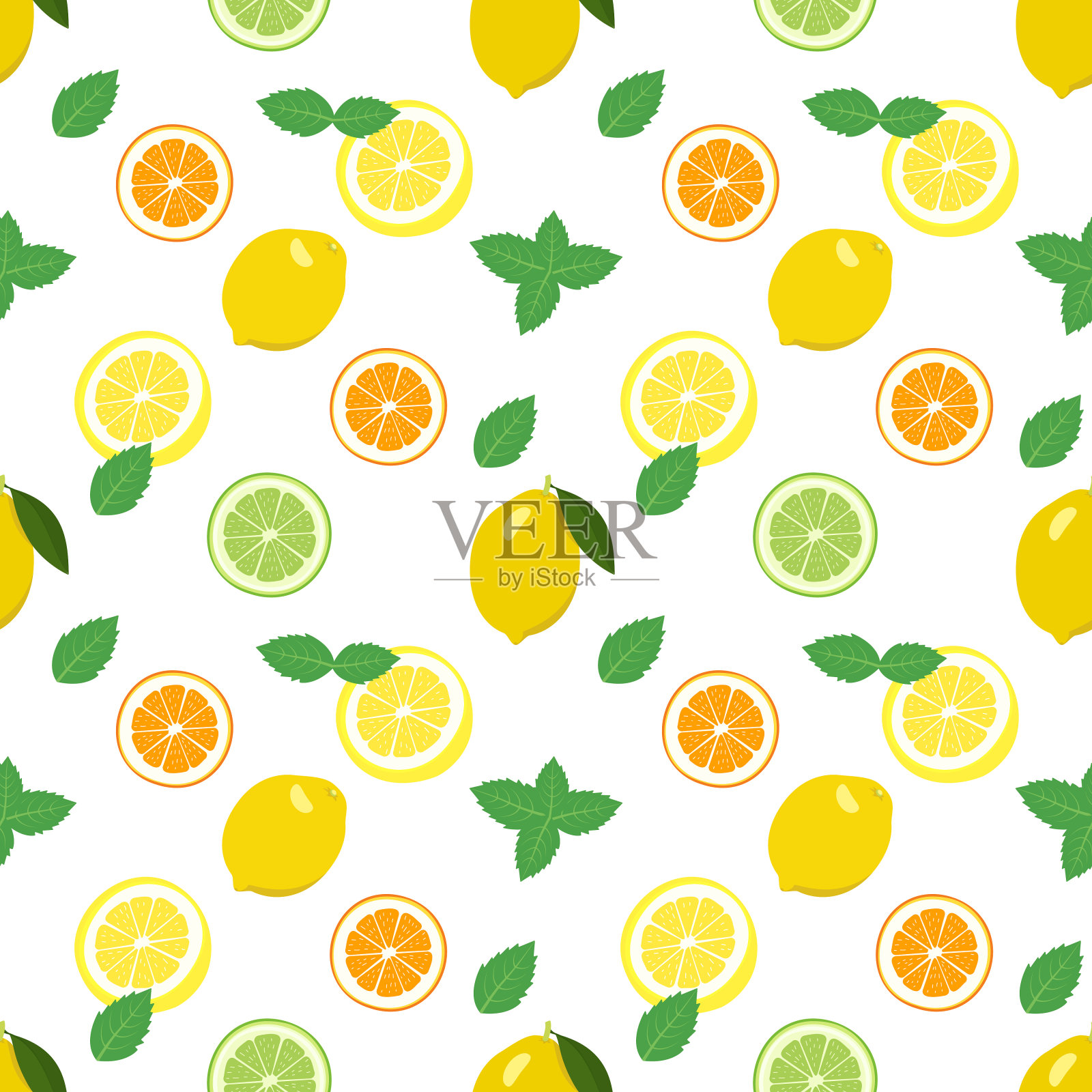 用柠檬、橘子、橙子、青柠、薄荷片和叶子搭配，形成无缝的明亮的春夏图案插画图片素材