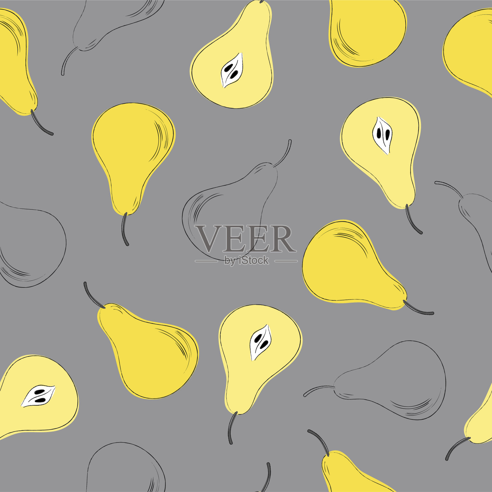 无缝图案的梨在照亮黄色潘通颜色的2021年终极灰色背景。用铅笔轮廓手绘插画图片素材