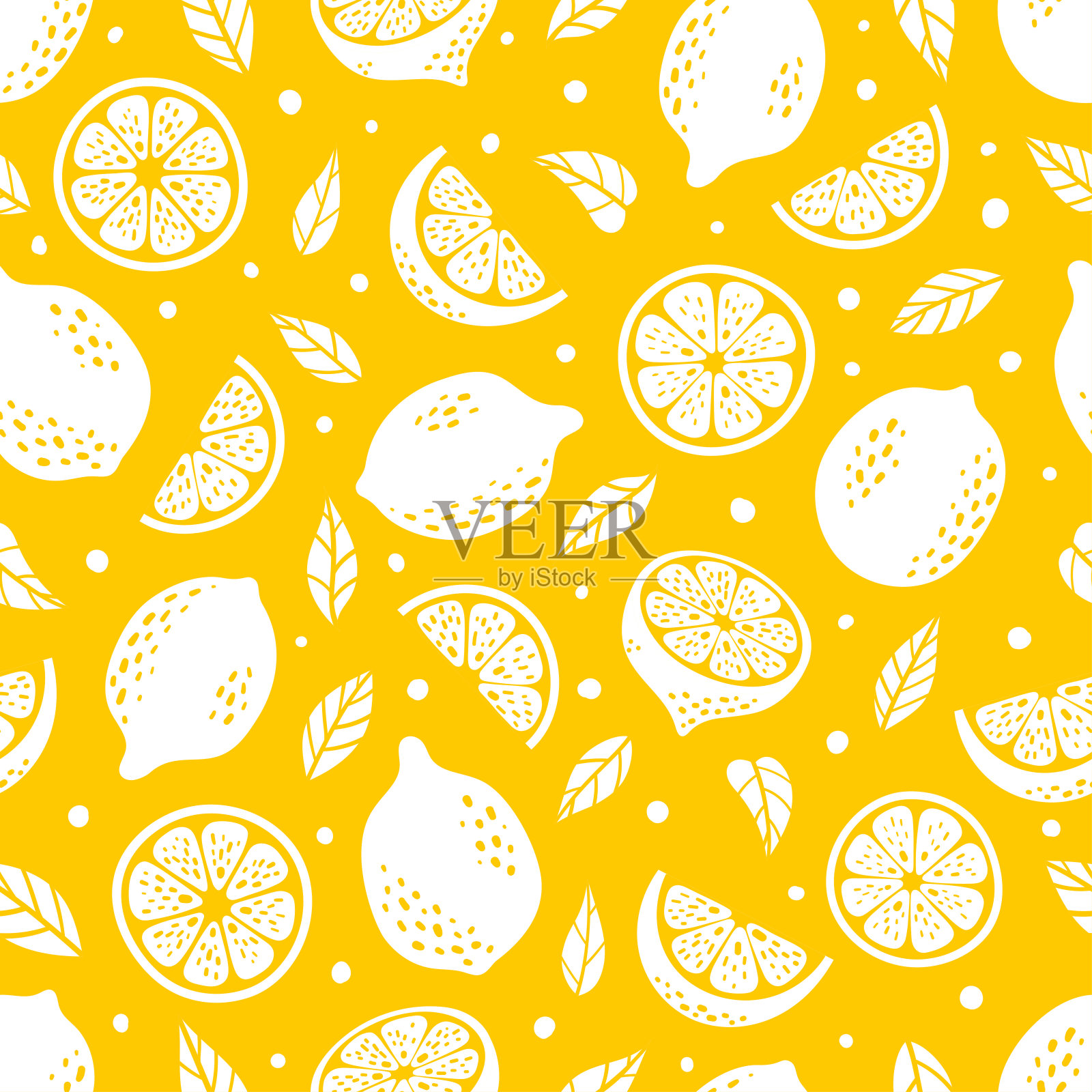 可爱的向量柠檬热带无缝模式。你可以在黄色的背景上画出夏日新鲜水果片、叶子、半片和整个柠檬的轮廓。柠檬水手绘重复纹理插画图片素材