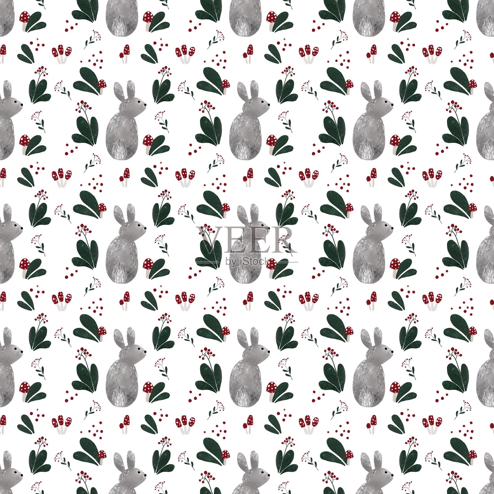 自然无缝图案兔子和树叶，浆果在白色的背景。用曲线手绘的插图。为面料，服装和其他项目设计。设计元素图片