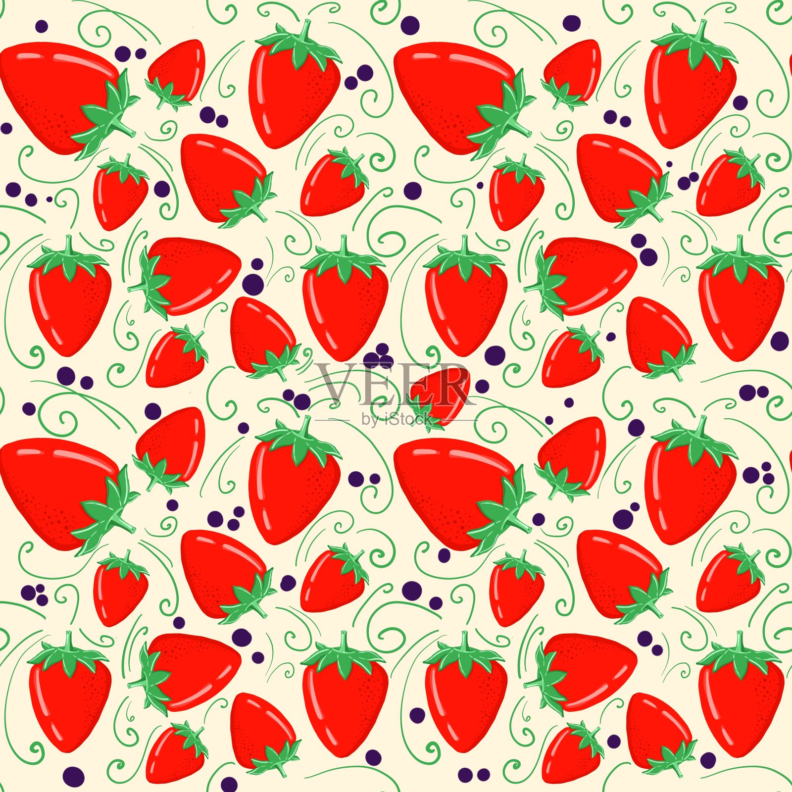 一个手绘的草莓图案。一个以食物为主题的无缝自然图案。为织物、纸张和其他物品做好设计。插画图片素材