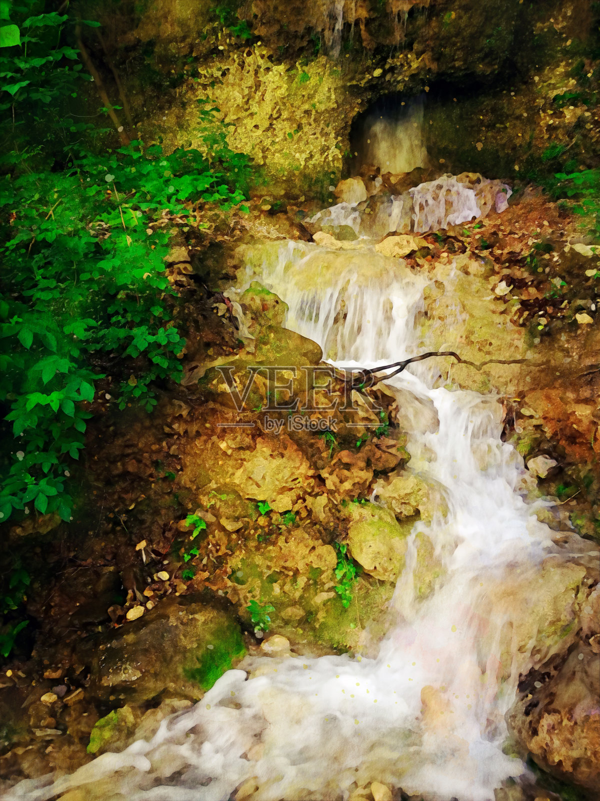春天的彩色森林和小瀑布的人行道附近Soča河-水彩效果照片摄影图片