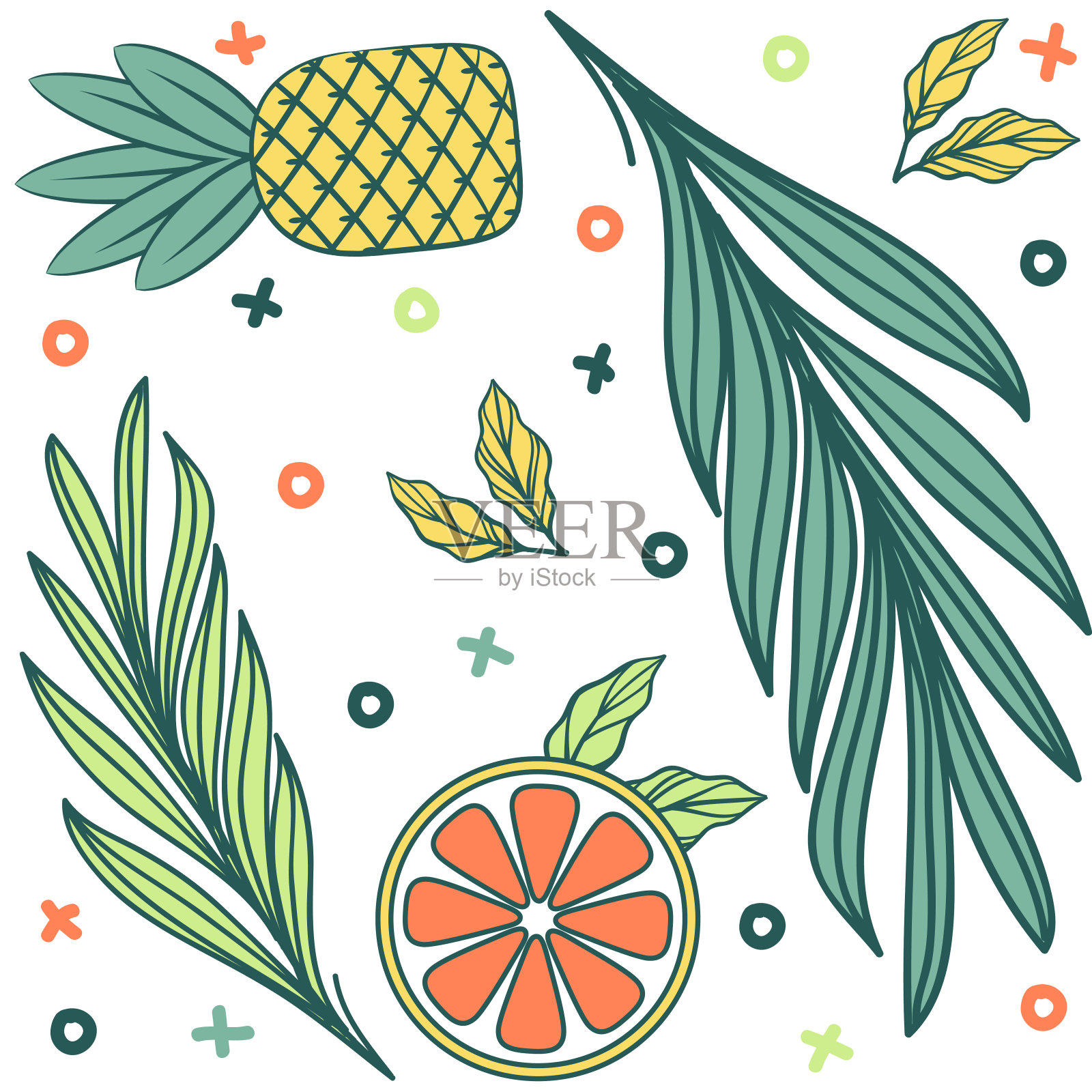 夏季菠萝、橙、棕无缝图案。这些设计是完美的贺卡，纺织图案，文具，t恤，包，包装设计等。插画图片素材