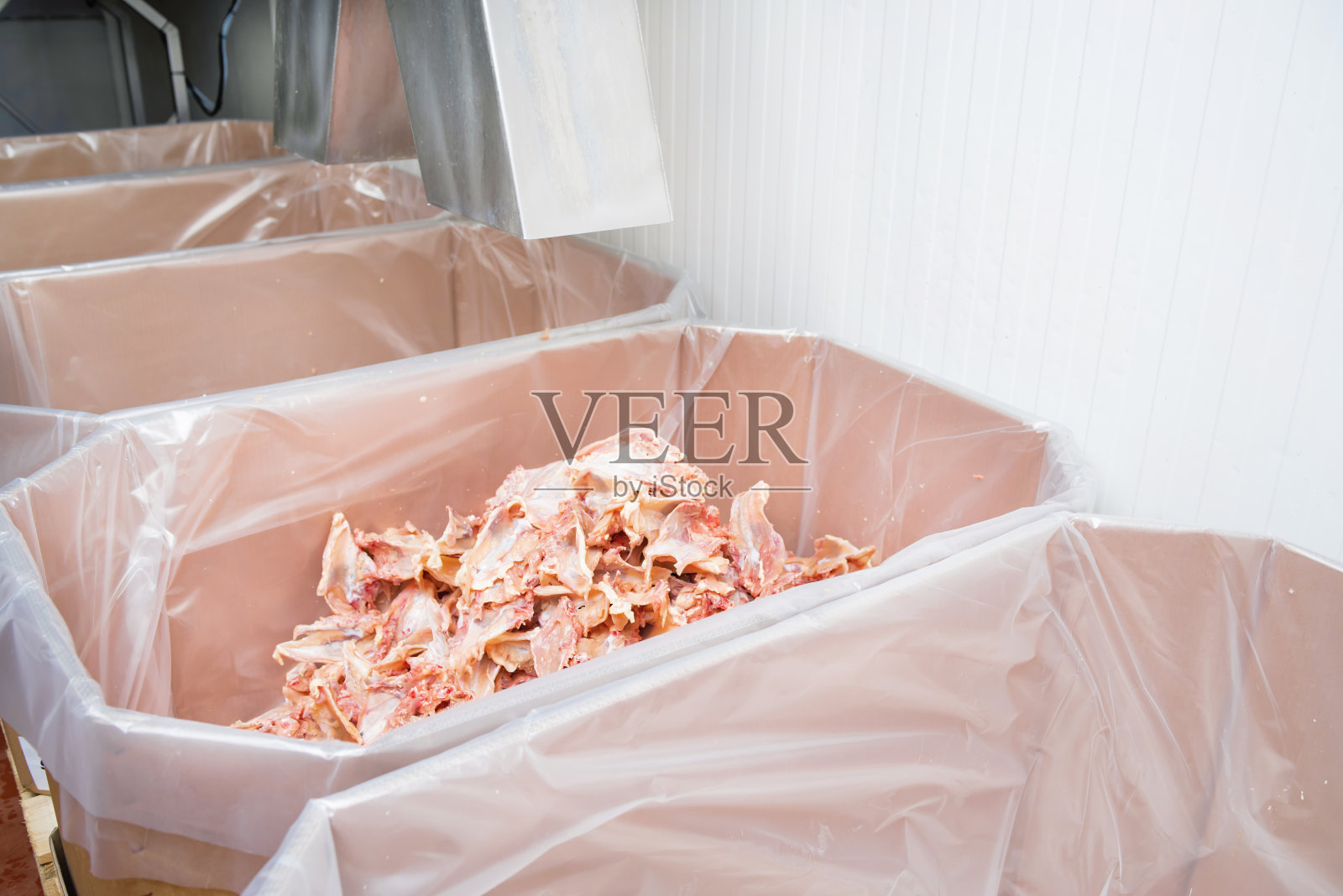 肉类加工厂。肉类生产线。鸡骨头放在一个大箱子里，是肉类加工产生的废物。用于肉类包装和切割的生产线。肉制品工厂的工业设备。照片摄影图片