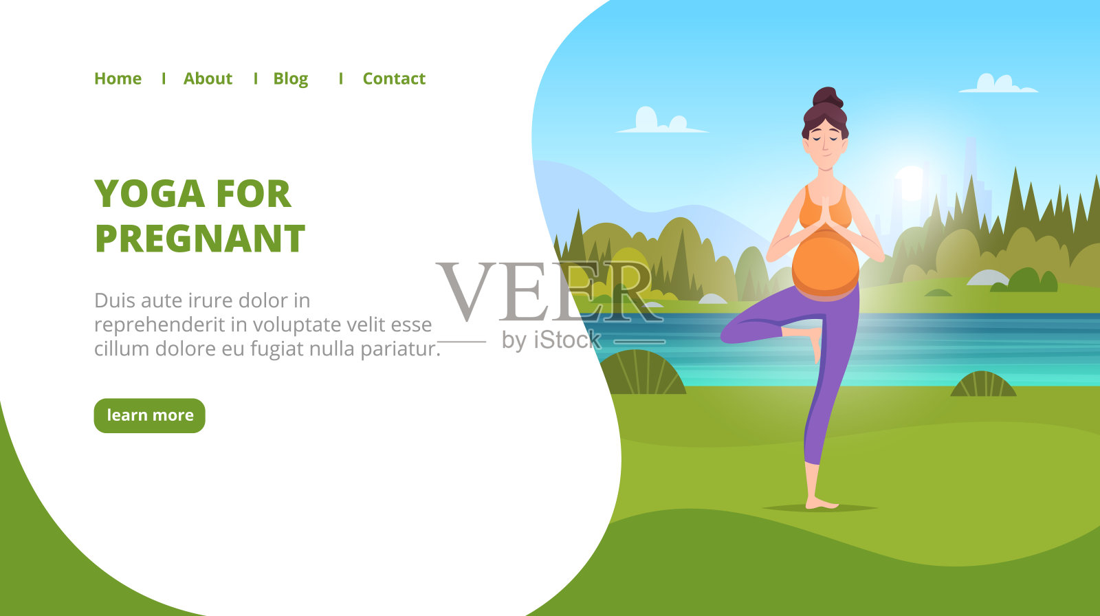 户外瑜伽着陆。孕妇在绿色公园健身健康母亲生活方式瑜伽练习准确矢量插图为商业网页插画图片素材