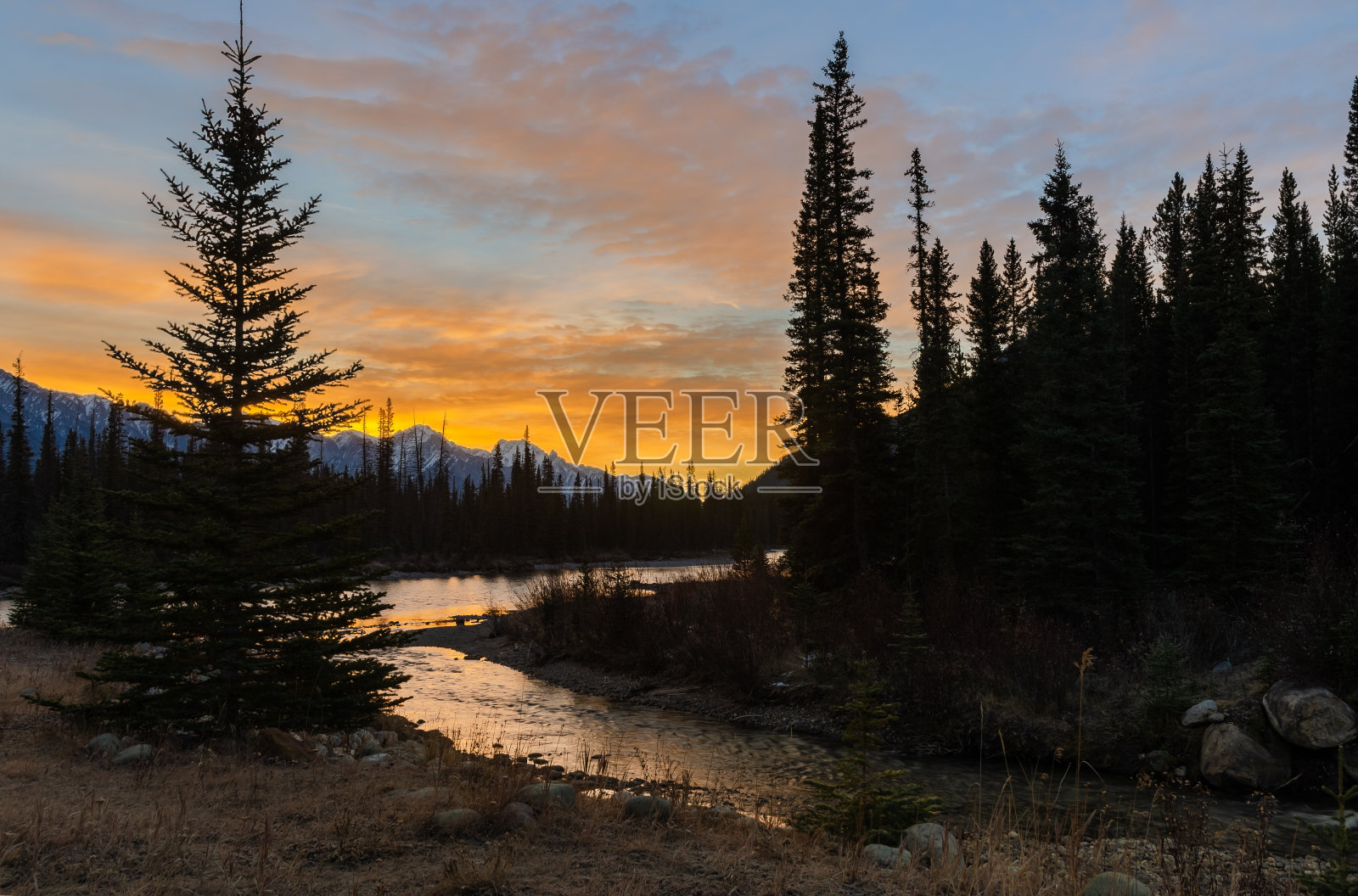 加拿大亚伯达省班夫国家公园的弓河和城堡山的日出全景。照片摄影图片