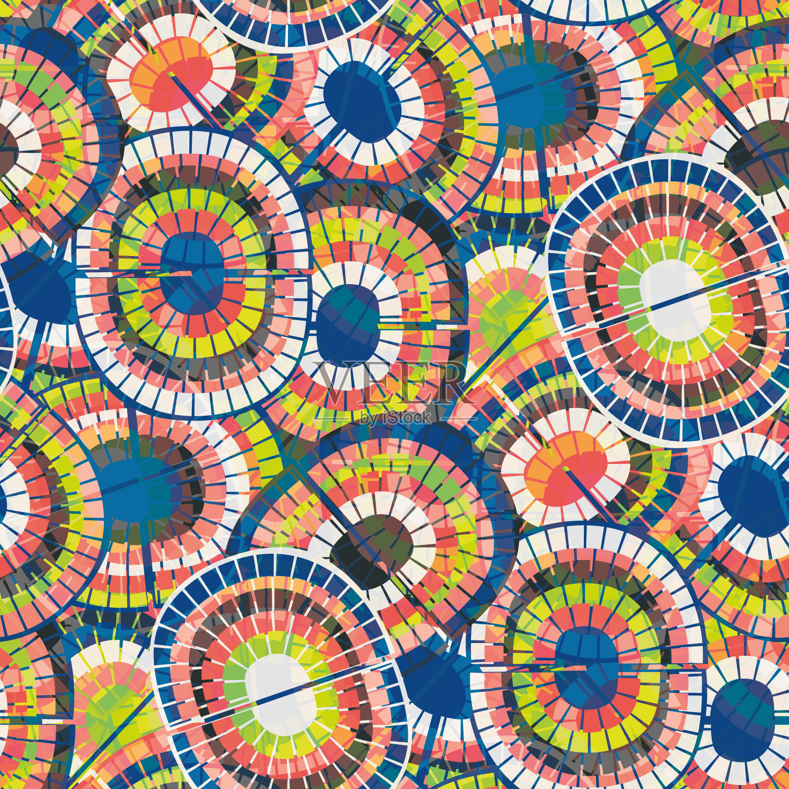 70年代风格彩虹无缝矢量图案背景。背景与马赛克风格的椭圆形对彩虹蓝，绿，红的颜色。时髦的重叠纹理重复波西米亚嬉皮风格。潮人打印插画图片素材