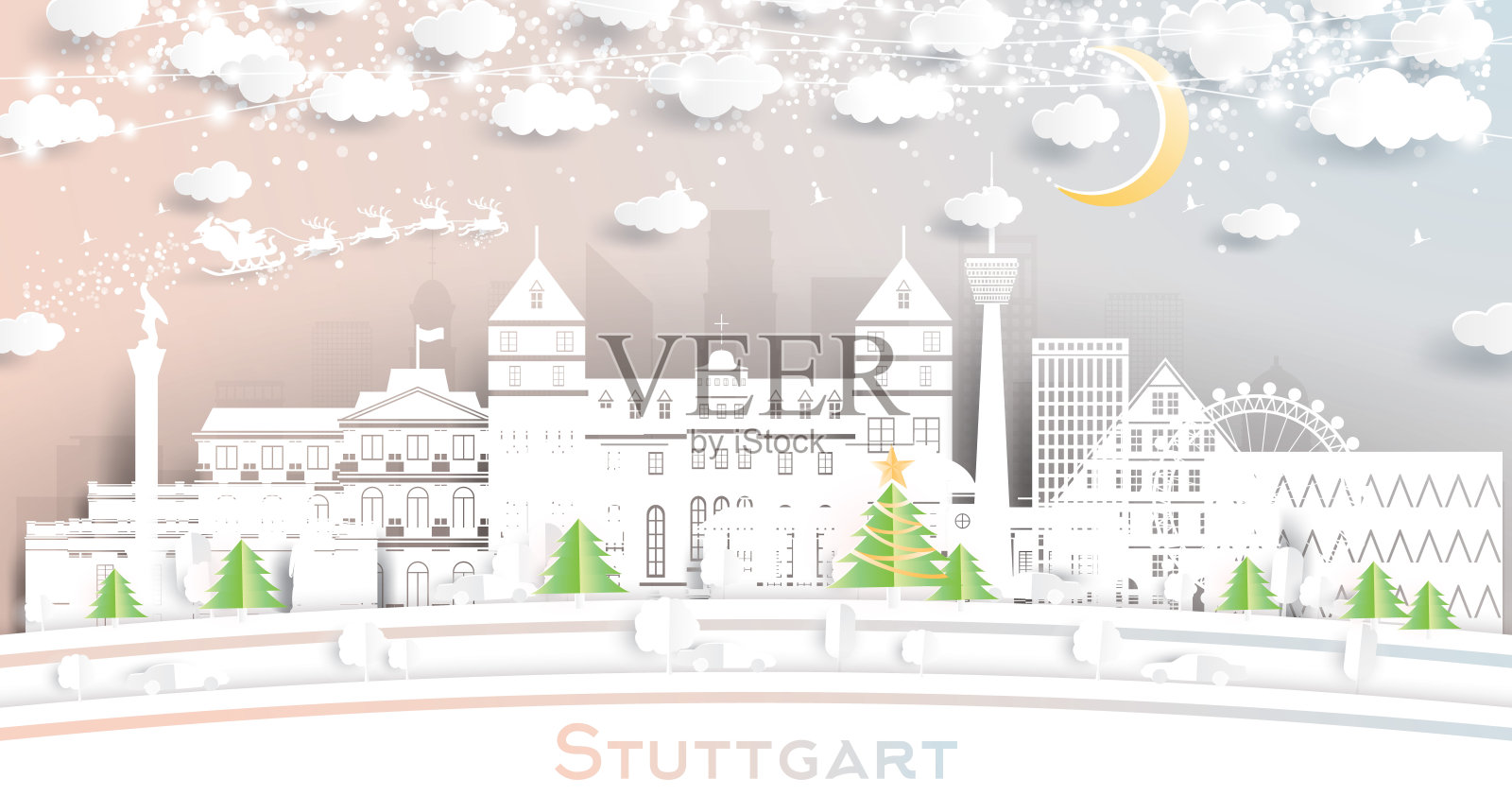 德国斯图加特城市天际线剪纸风格与雪花，月亮和霓虹灯花环。插画图片素材
