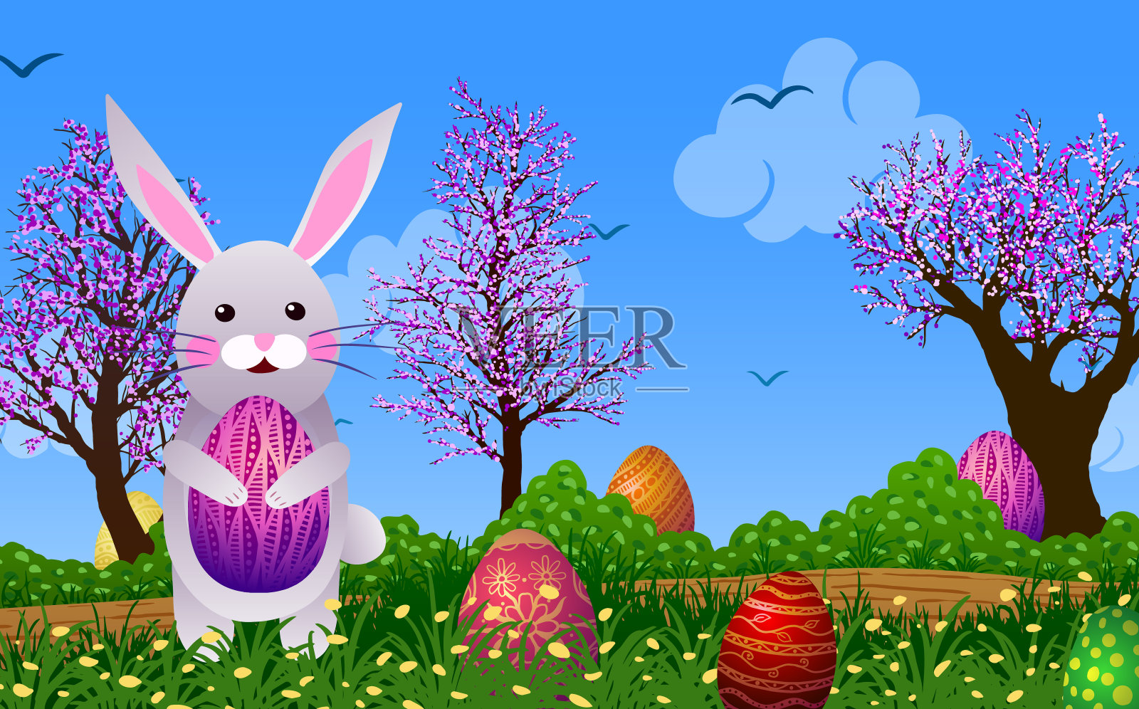矢量插图。兔子与复活节彩蛋的背景盛开的树，草地和鲜花插画图片素材