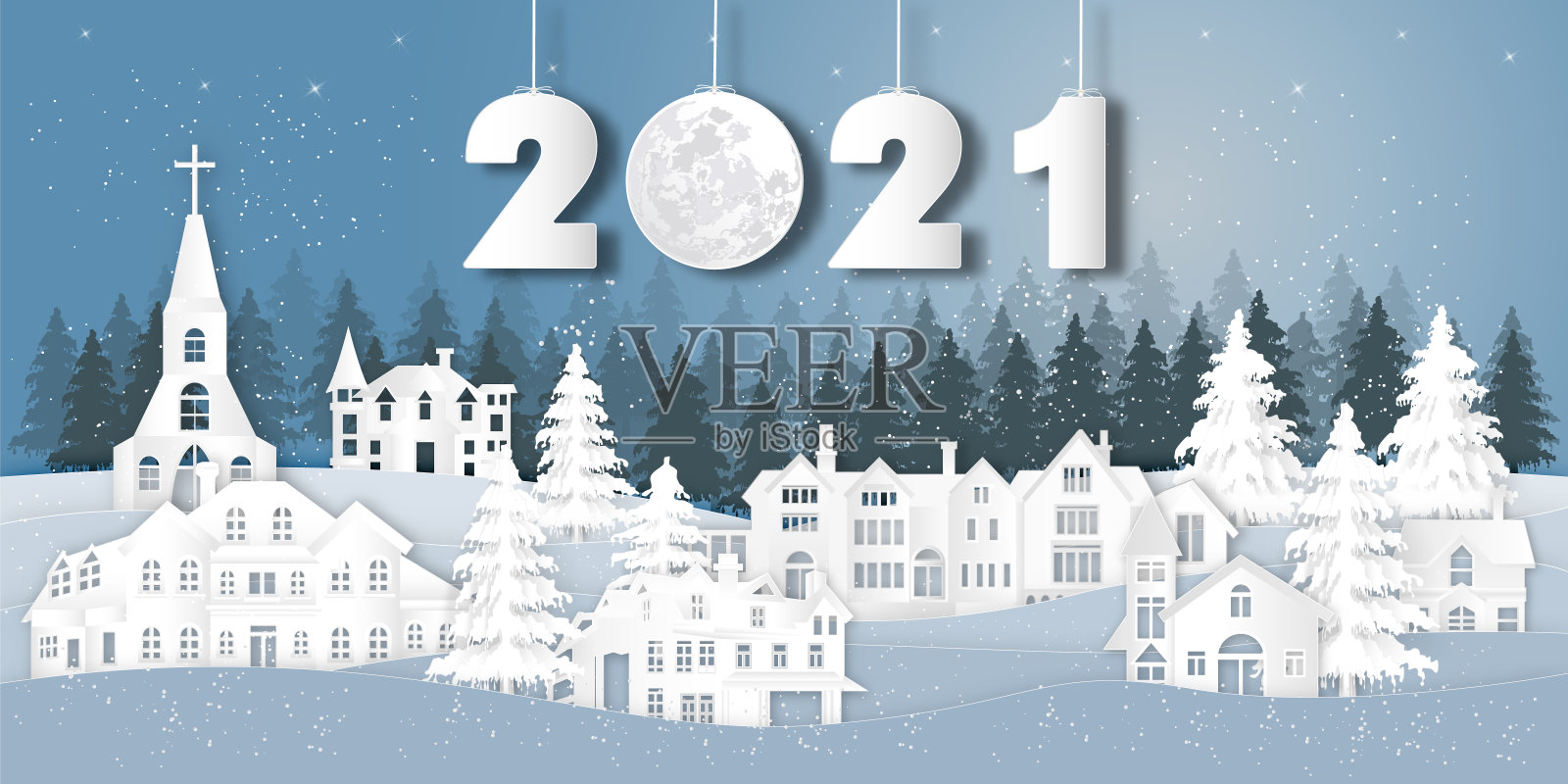 纸艺术、剪纸和数字工艺风格的房屋村庄在雪冬季与树木作为圣诞快乐和2021年新年的概念。矢量图插画图片素材