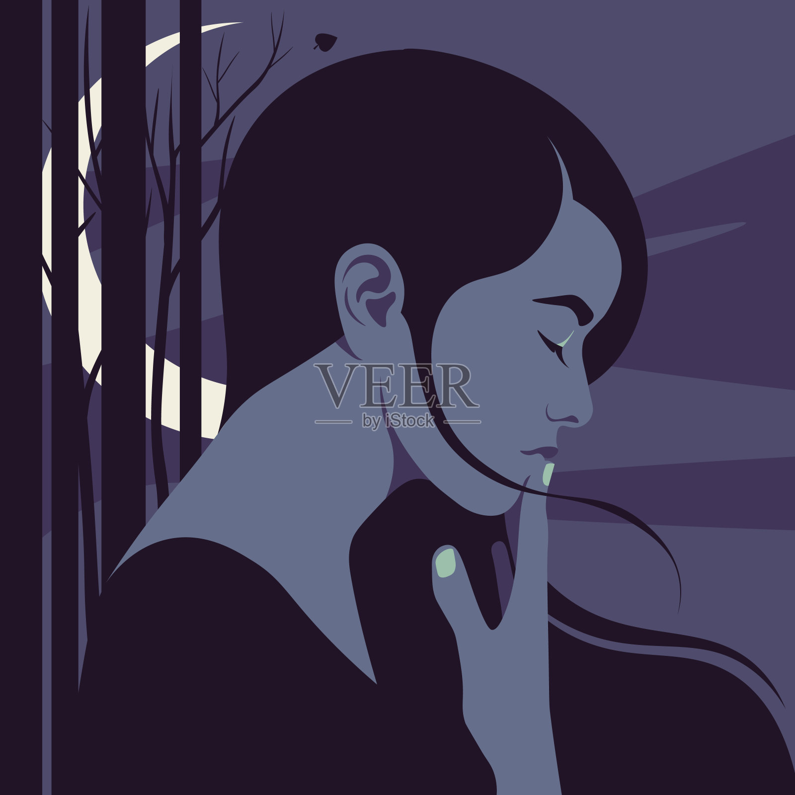 夜晚背景中一位忧郁女子的侧影插画图片素材