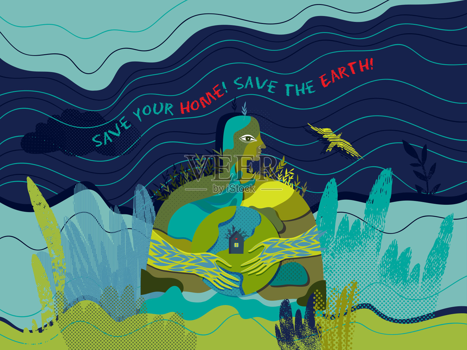 拯救你的家园，拯救地球。向量概念生态海报。插画图片素材