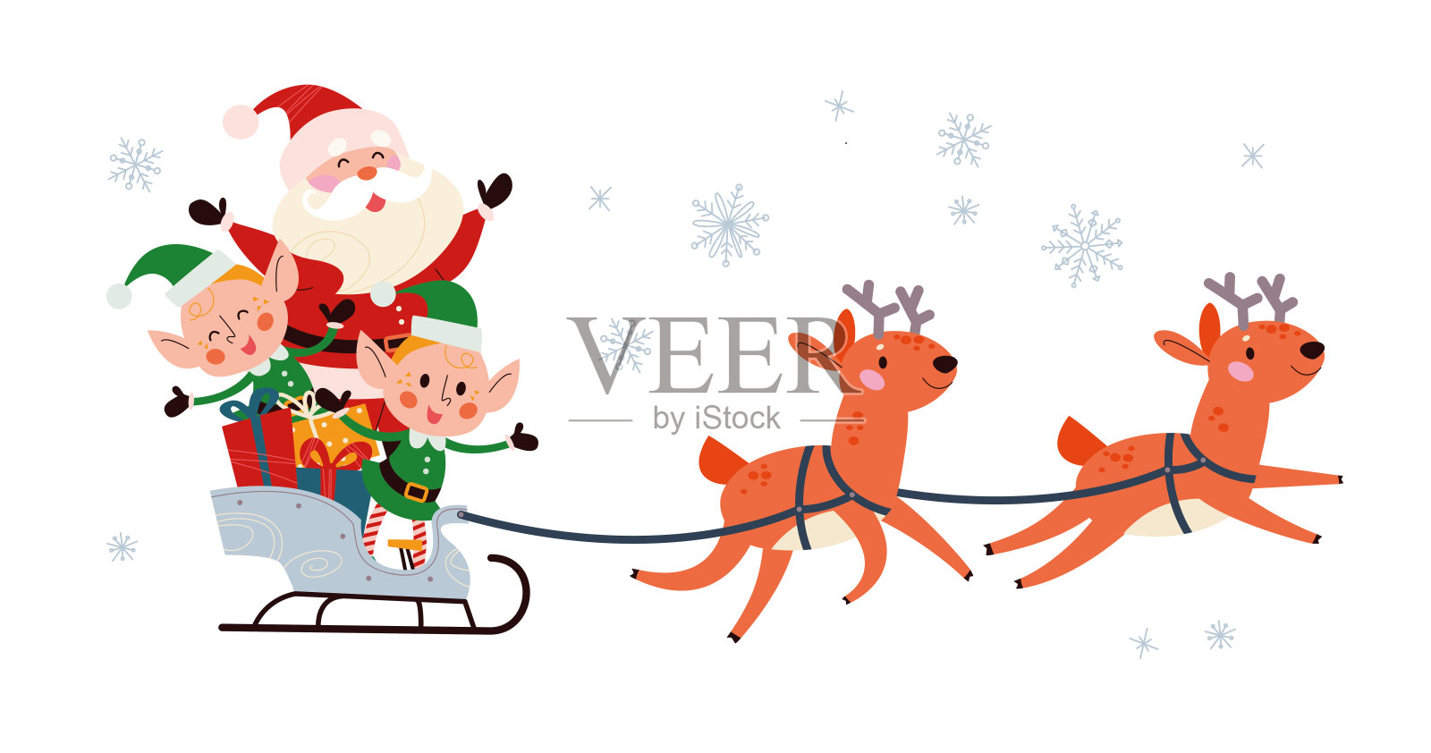 冬天的圣诞快乐插图与有趣的圣诞老人性格和他的驯鹿雪橇飞孤立。插画图片素材