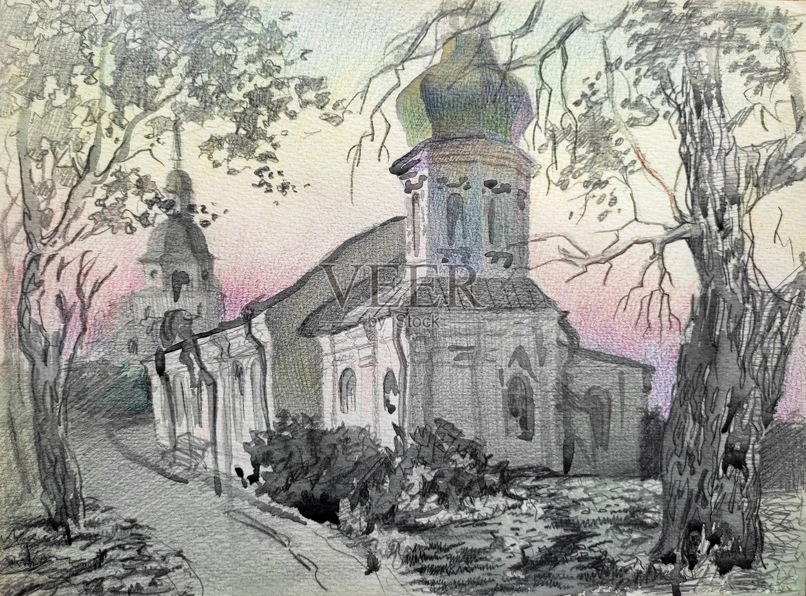 用铅笔画的日落风景。修道院的老教堂插画图片素材