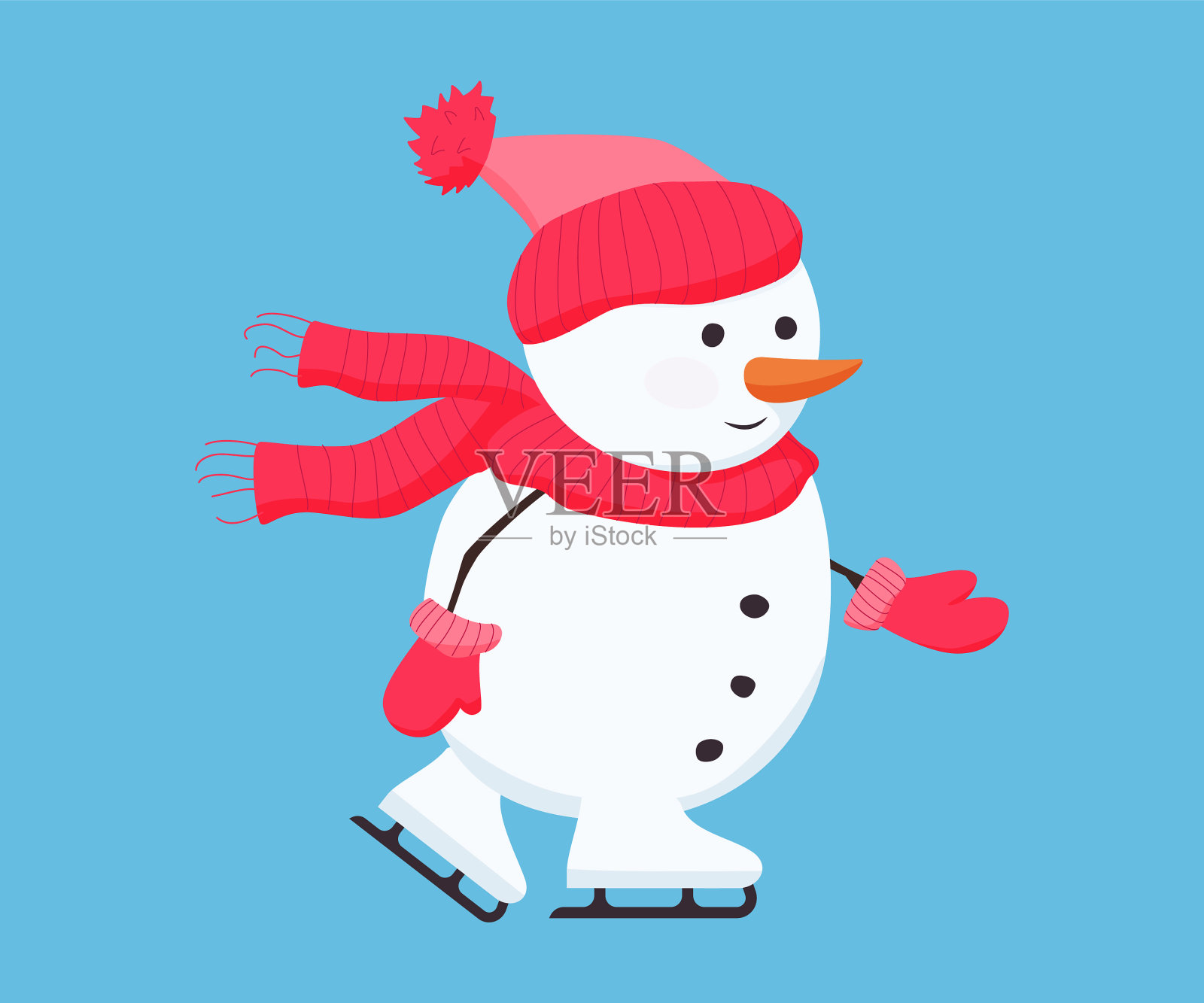 雪人戴着红帽子、围巾和手套插画图片素材