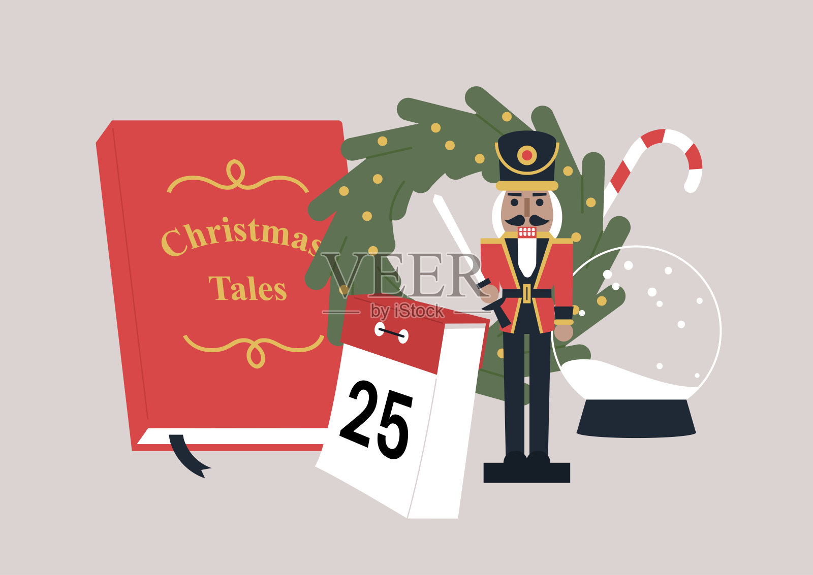一套圣诞节日套装，一个胡桃夹子小雕像，一本童话书，一个魔球和一个撕下来的日历插画图片素材