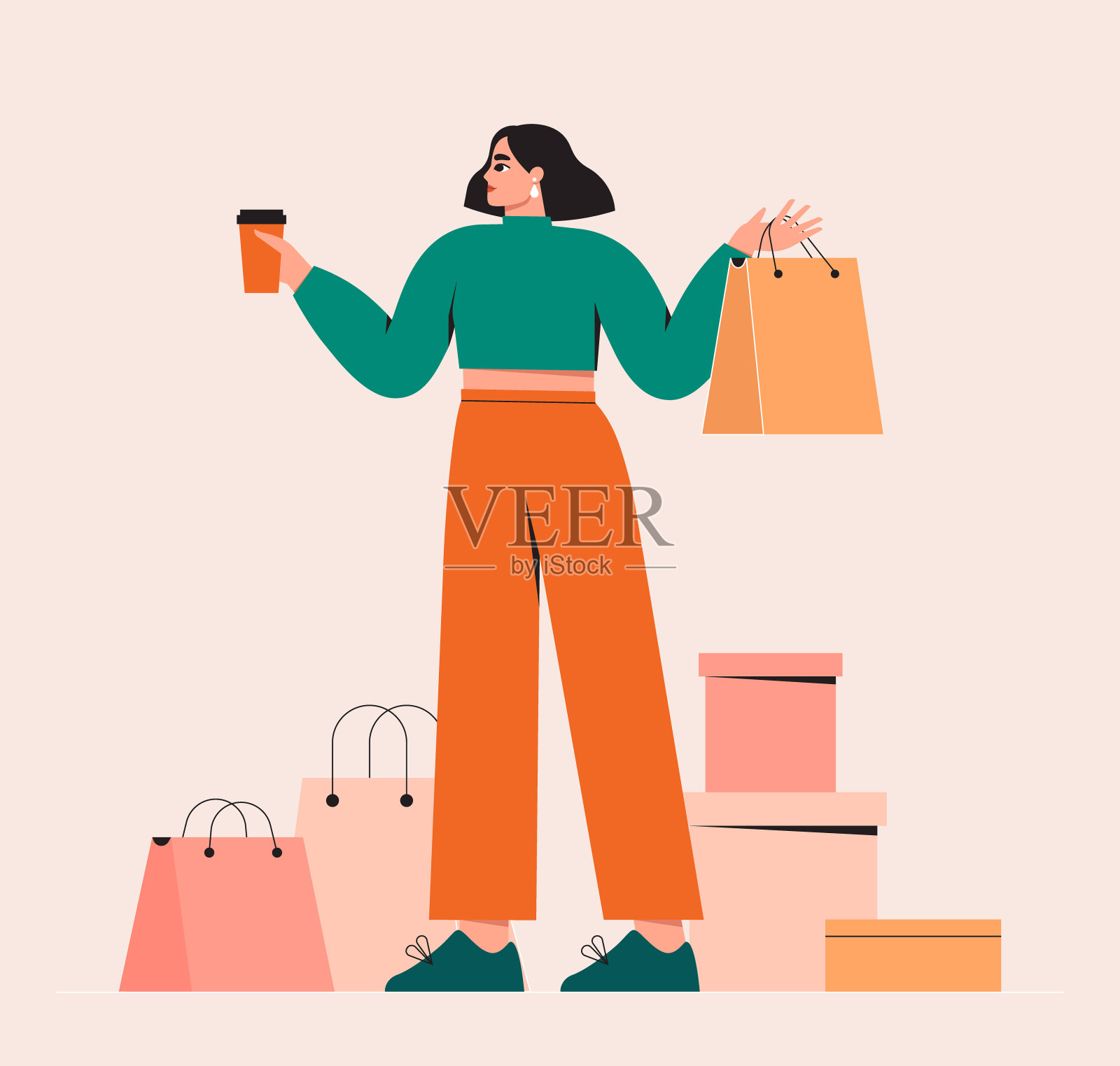 女人去购物。年轻时尚的女孩拿着包，咖啡。大减价，折扣，时尚，购物狂概念。美女买衣服，买礼物。插画图片素材