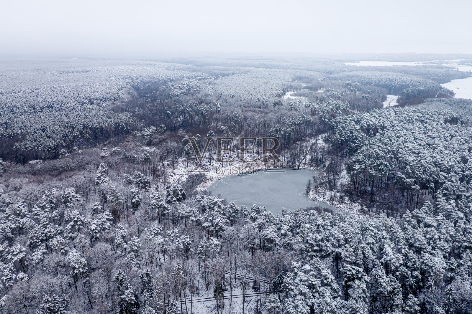 冬天结冰的池塘和森林。野生动物鸟瞰图照片摄影图片