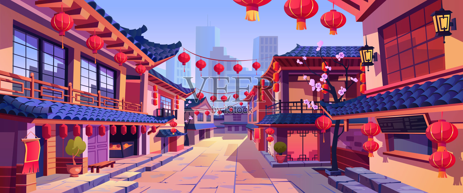 中国新年的街道上挂满了花灯，华埠城的背景。矢量全景与亚洲建筑和樱花，房子和灯笼，花环，摩天大楼的背景插画图片素材