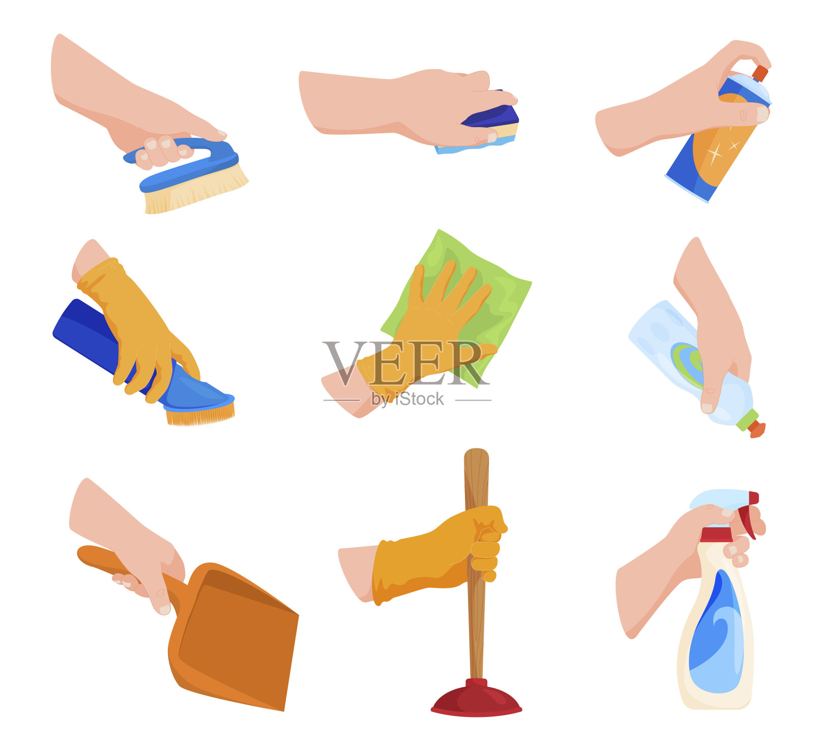 收集人的手握洗涤剂和清洁产品矢量平面插图插画图片素材