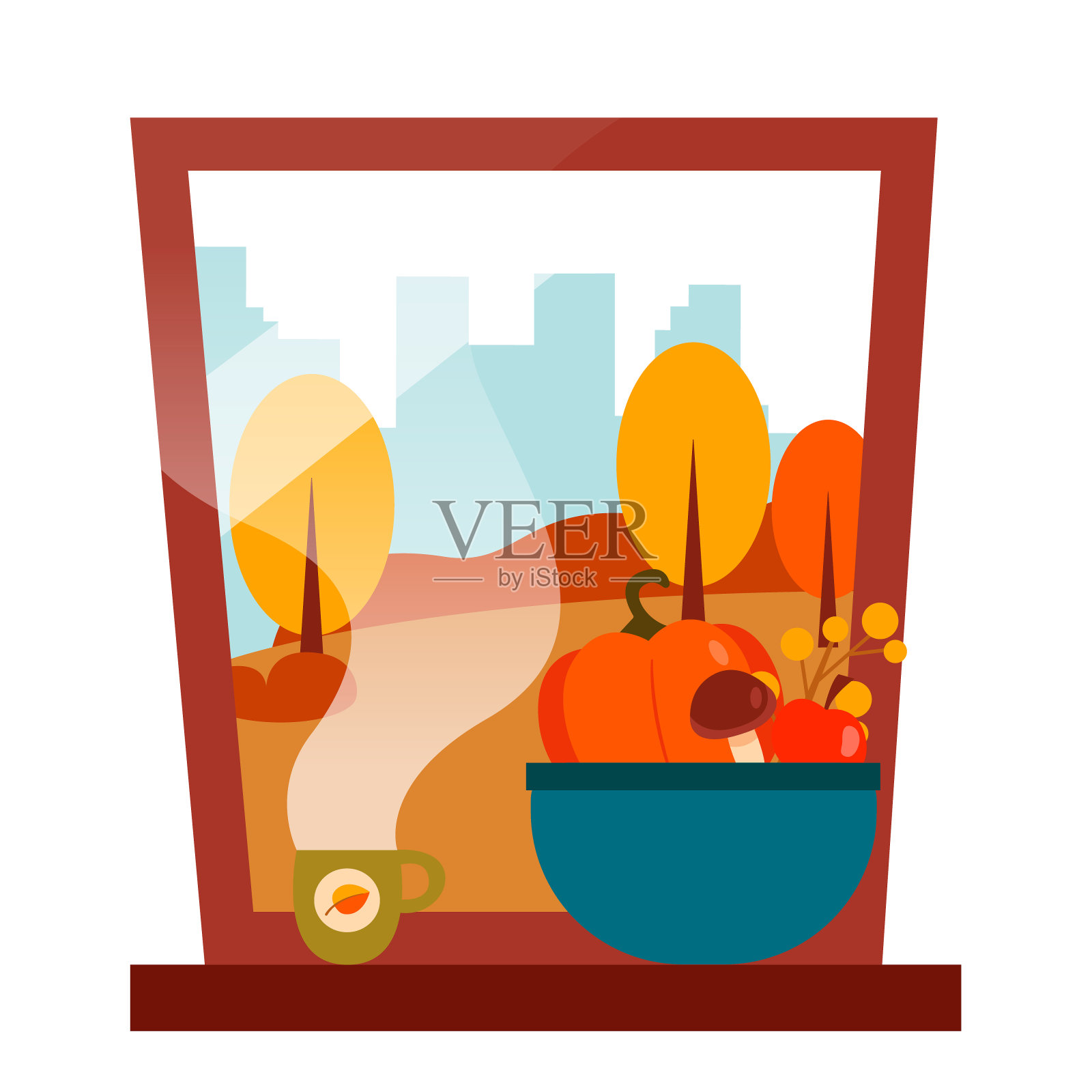 秋天的窗户，美丽的景色。窗台上放着收获和一杯茶。矢量插图。孤立在白色背景上。插画图片素材
