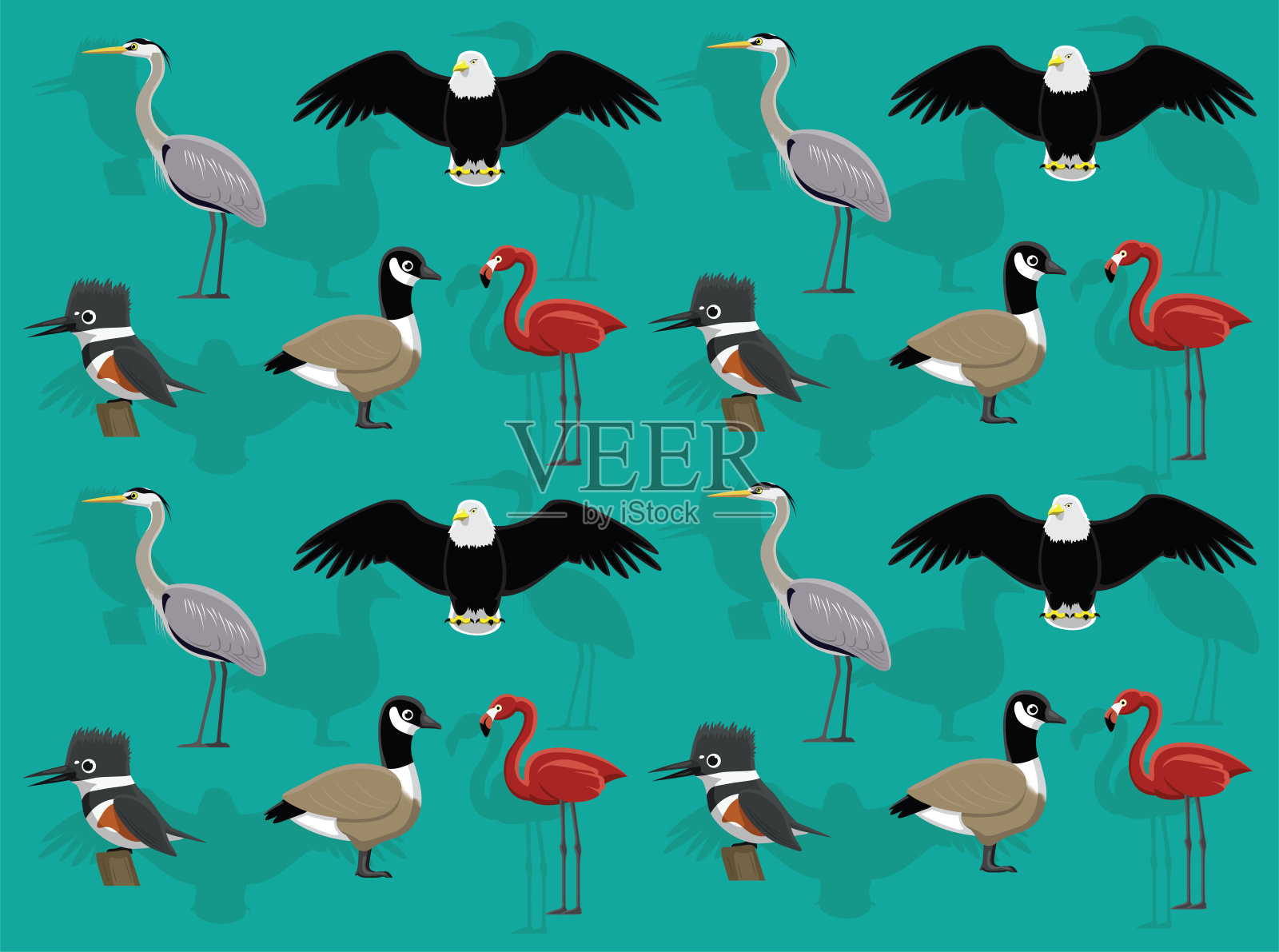 鸟，苍鹭，鹰，翠鸟，鹅，火烈鸟矢量无缝墙纸设计元素图片