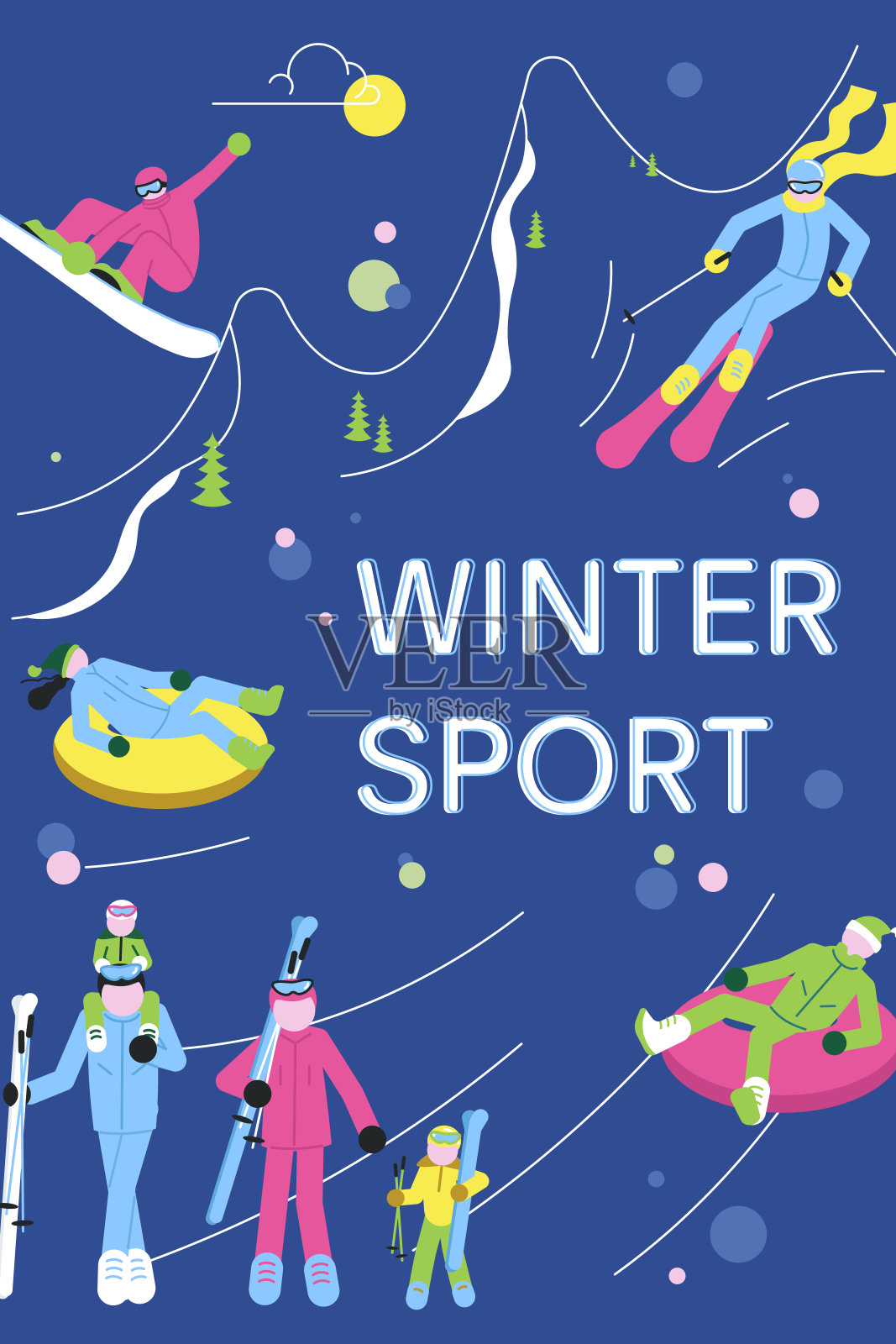 冬季运动旗帜与滑雪者，雪域和雪上运动乐趣。插画图片素材