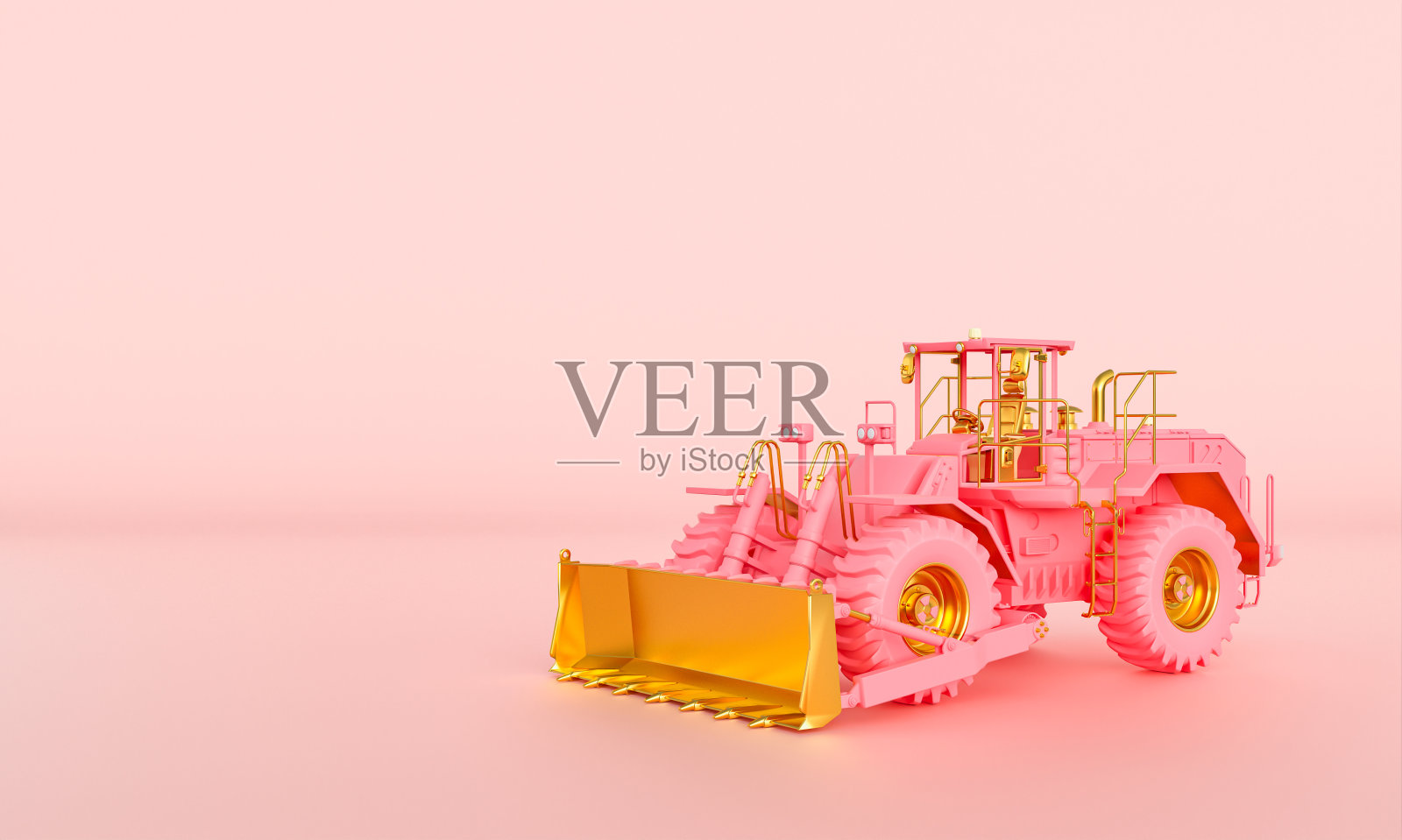 粉红色背景上有一辆粉红色和金色相间的大推土机。照片摄影图片