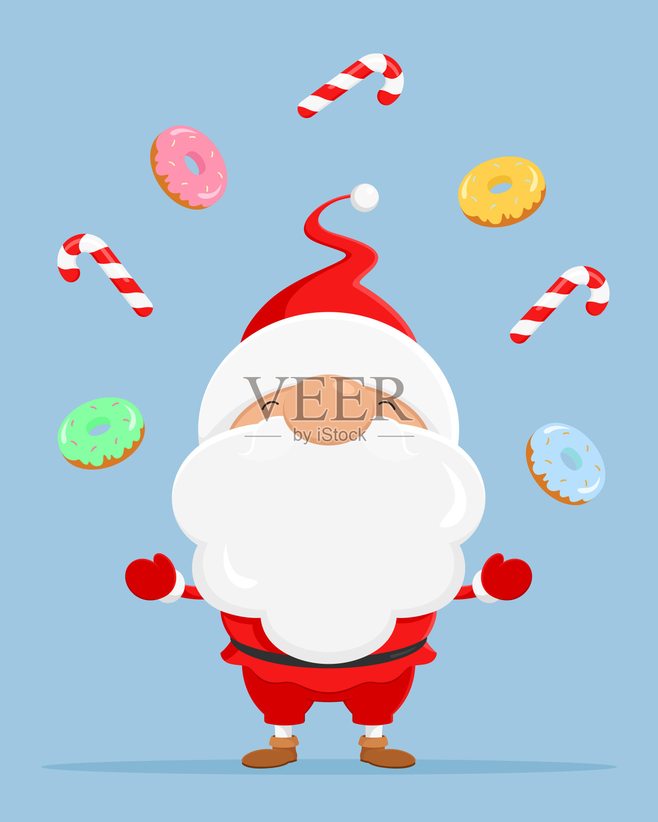 圣诞老人拿着拐杖糖和甜甜圈玩杂耍。矢量图插画图片素材