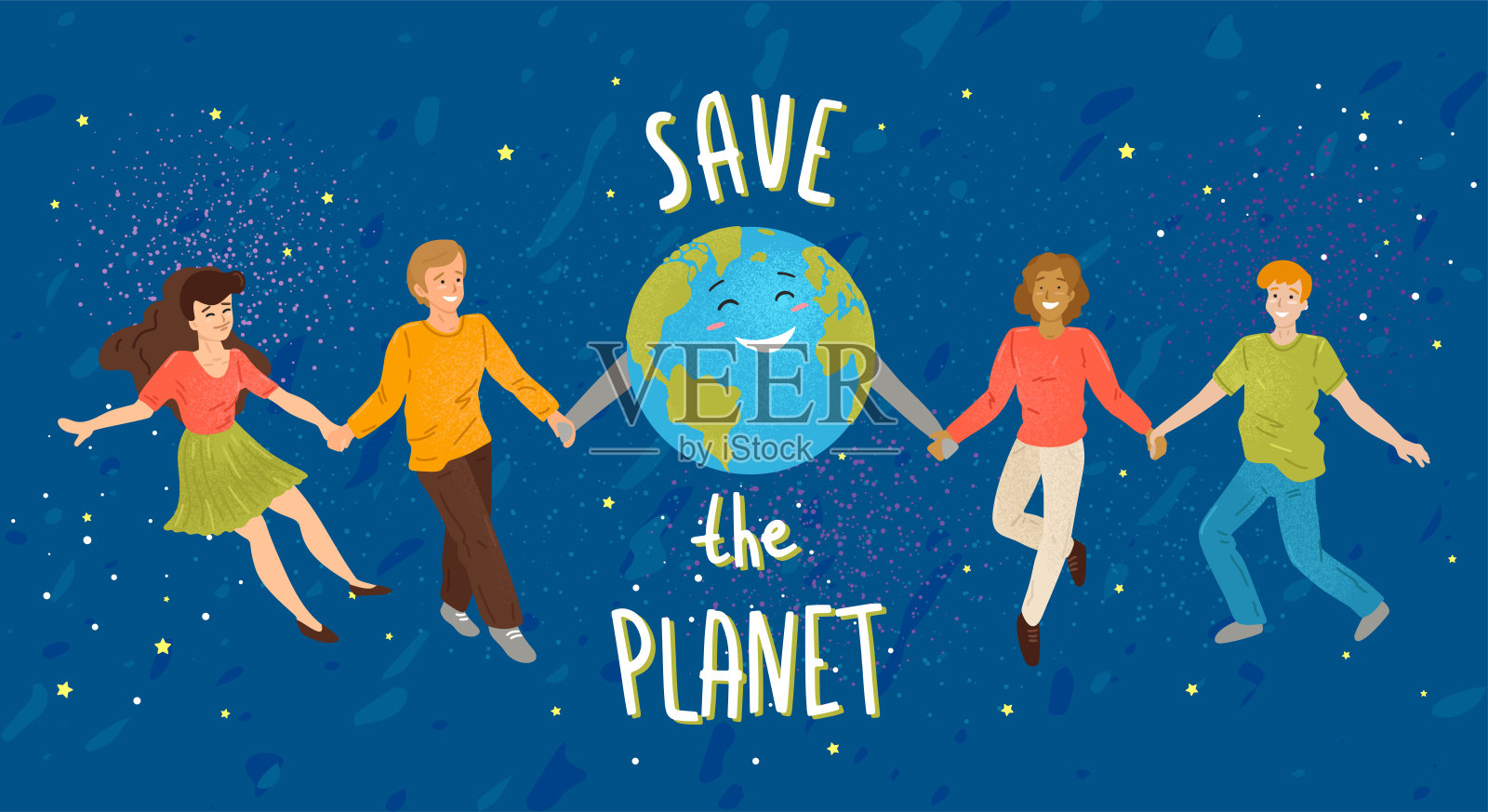 拯救地球。年轻人与地球手牵手。矢量图插画图片素材