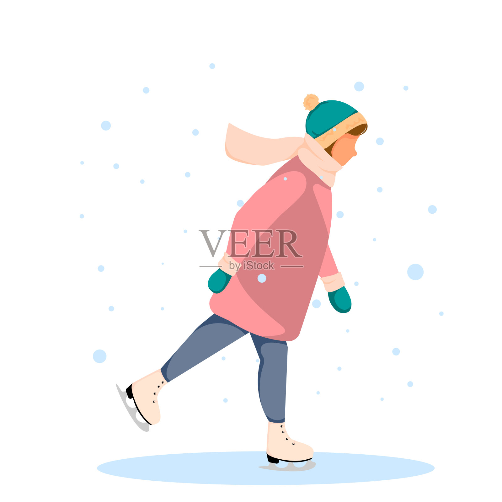 年轻女孩滑冰。冬季运动活动的概念。平面风格的矢量插图。插画图片素材