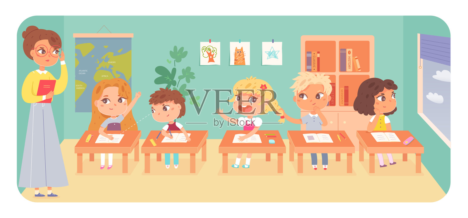 老师和小朋友在学校的教室里，一群可爱的男生女生坐在课桌上插画图片素材