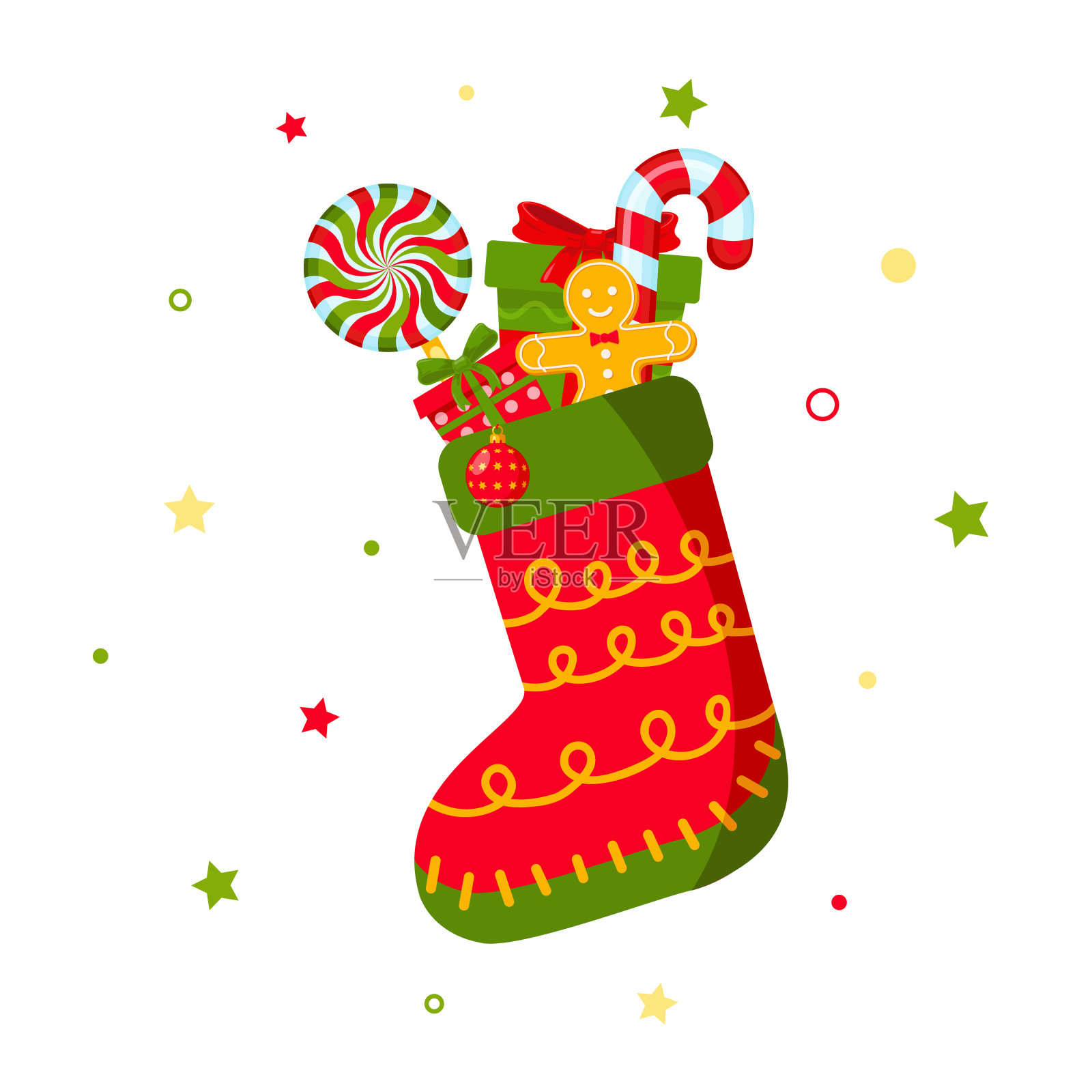 红色圣诞袜，带补丁的针织长袜，带礼物，糖果，饼干插画图片素材