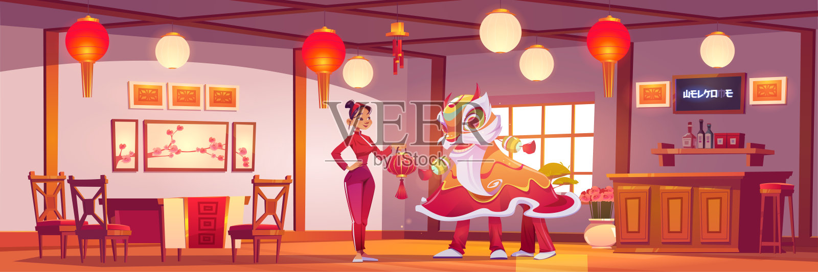 中餐馆的服务员和新年狮子插画图片素材