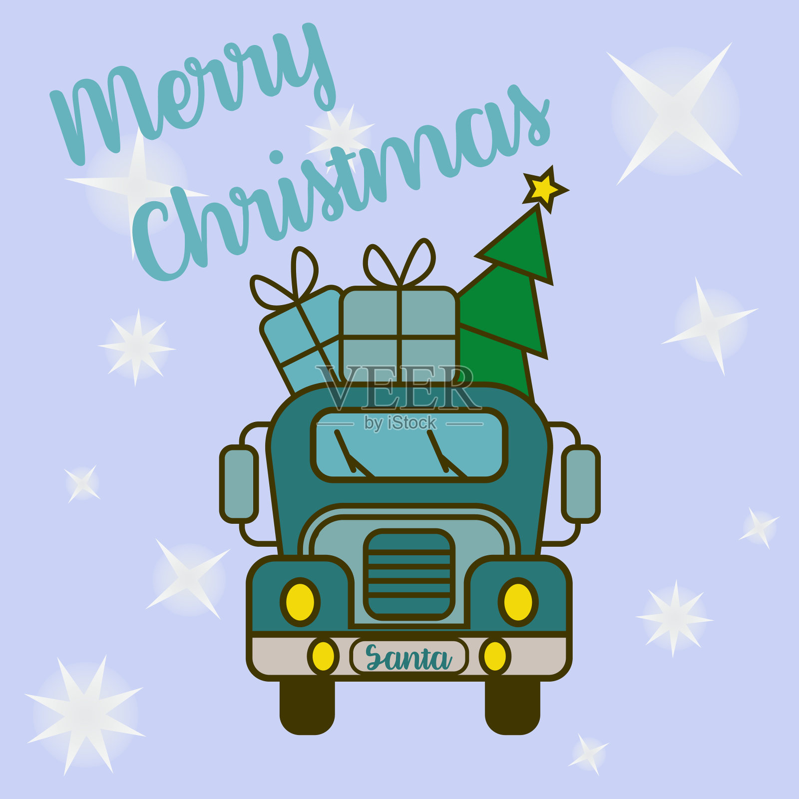 在蓝色圣诞老人的卡车、礼物和圣诞树前面写有字母的贺卡插画图片素材