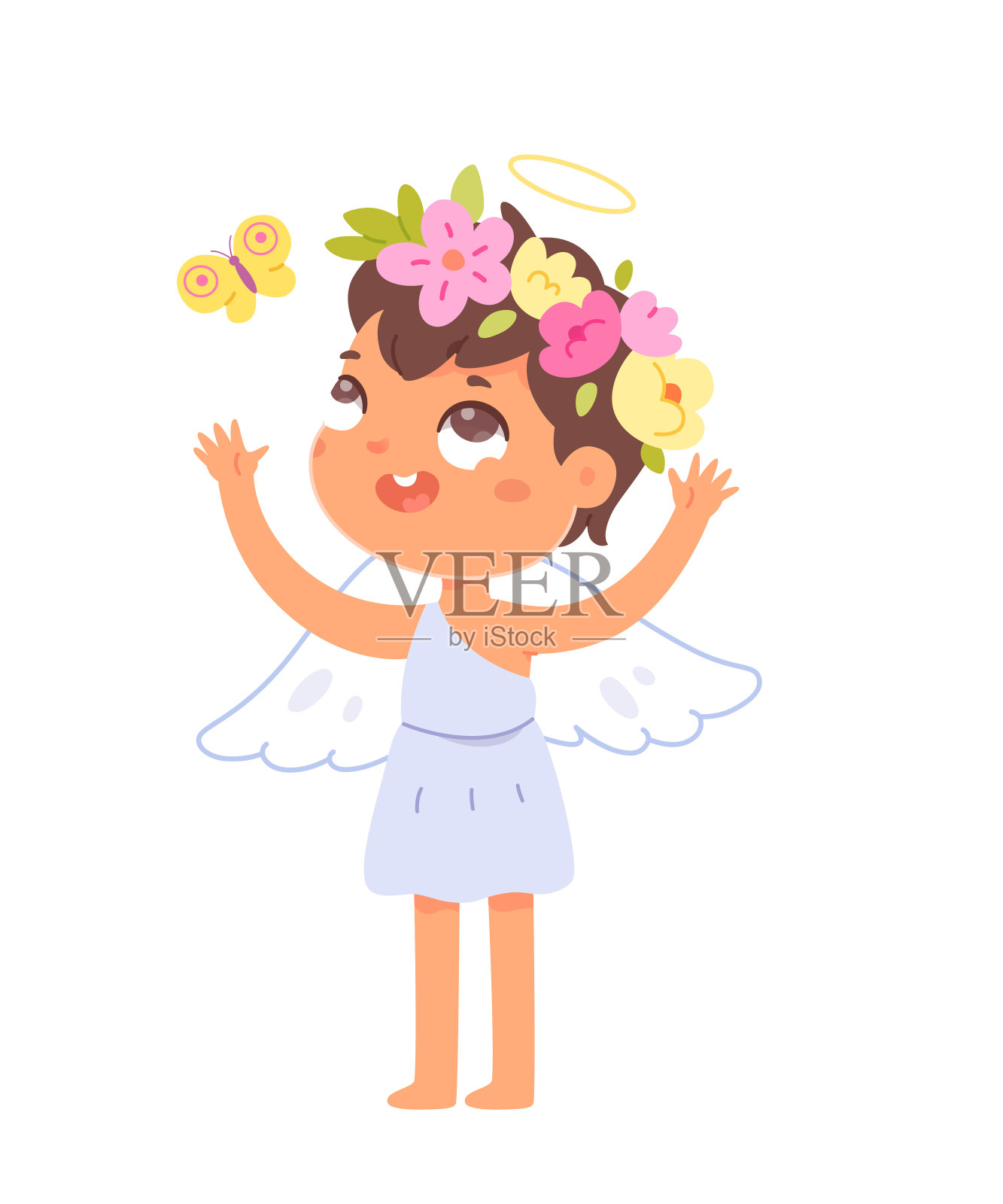天使小天使的性格，有趣可爱的女孩带着光环，花环，天使服装和翅膀设计元素图片