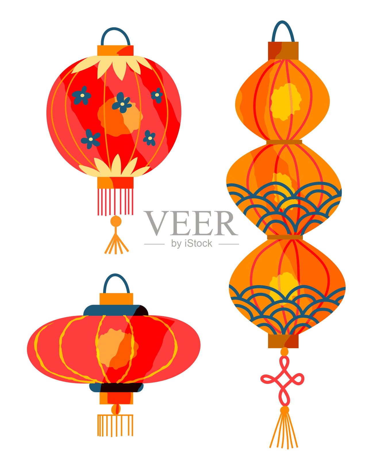 中国新年纸灯笼。传统亚洲节日矢量插图。不同形状的带有图案和图纸的灯具，在白色的背景上发光插画图片素材