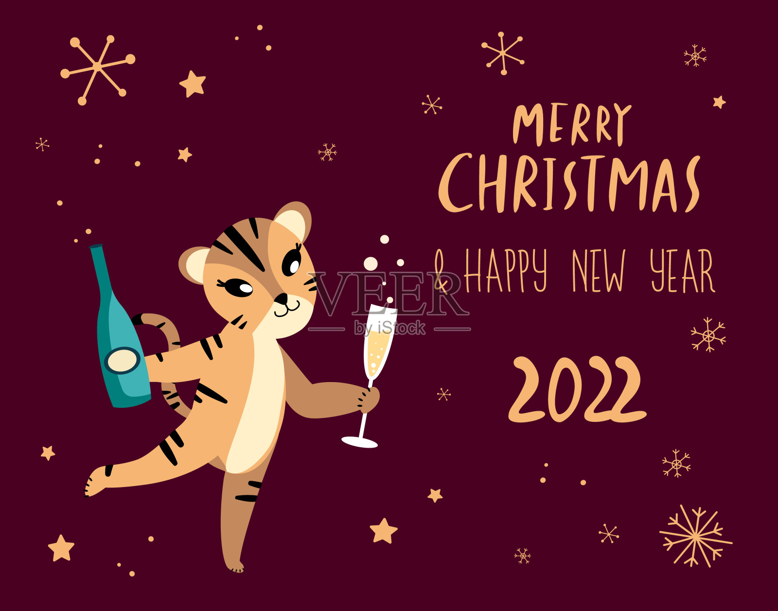 新年快乐广告大甩卖购物。圣诞购物,节日购买。可爱的卡通老虎和香槟。节日的猫。节日的海报、卡片、标题说明插画图片素材