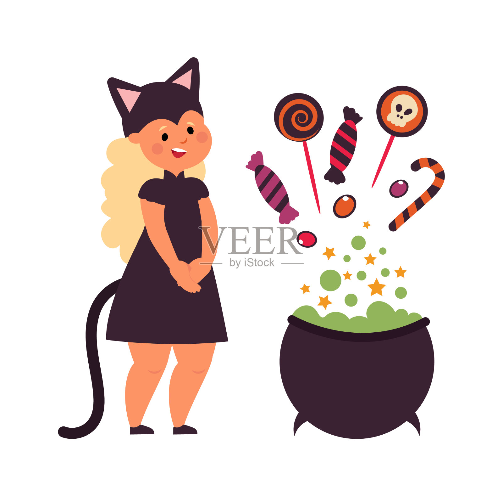 万圣节魔法女巫坩埚做糖果。可爱的小女孩穿黑猫矢量概念服装插画图片素材