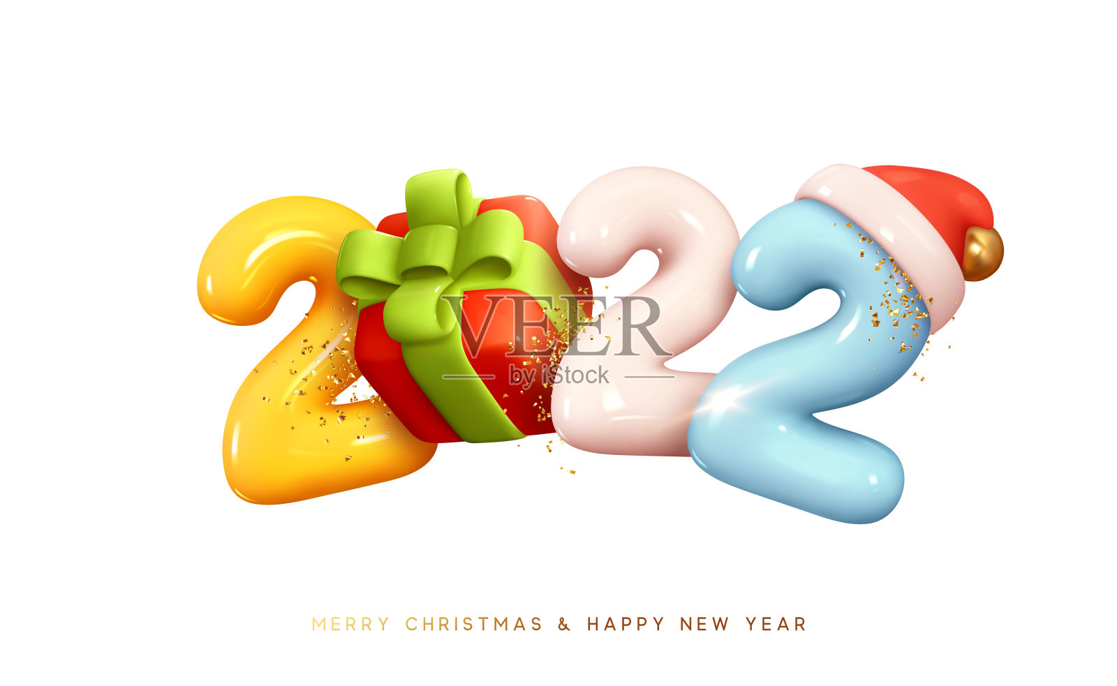 2022年新年快乐。数字与礼品盒卡通风格。圣诞装饰。现实的3d渲染彩色标志。2022年庆祝聚会。圣诞海报，横幅，封面卡片，小册子，传单，布局设计设计元素图片