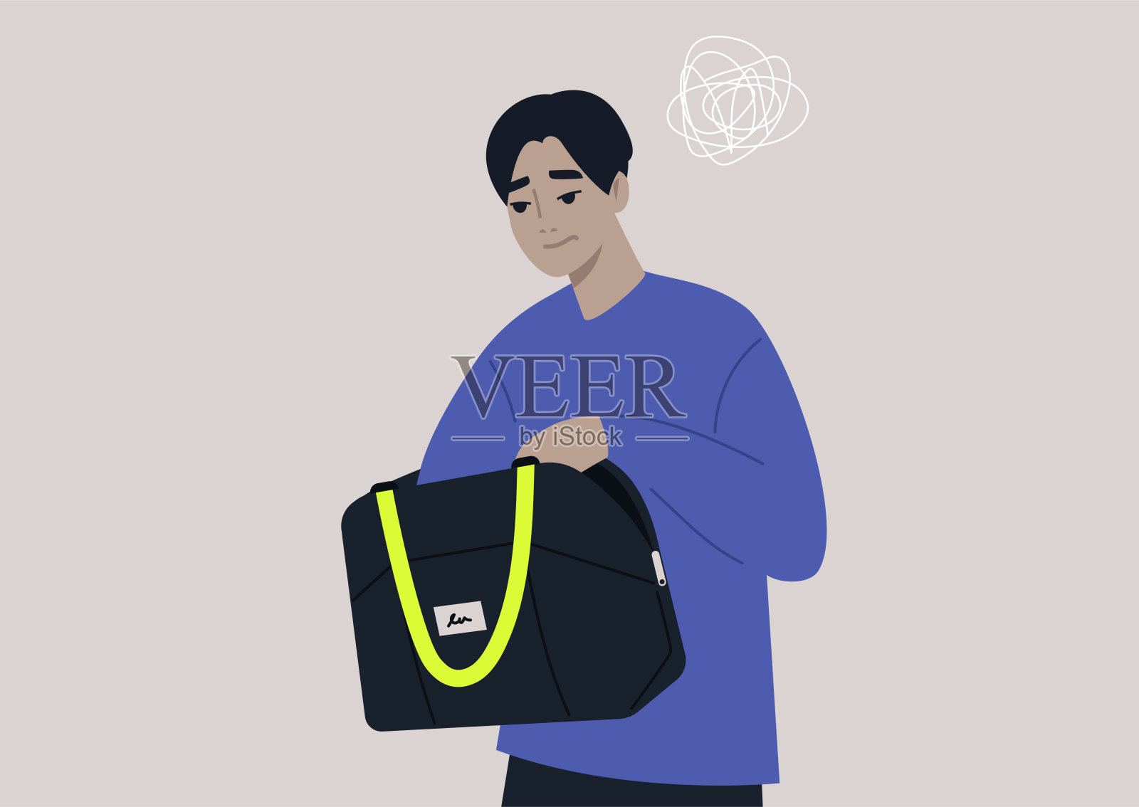 年轻焦虑的亚洲男性角色在包里寻找钥匙或钱，这是一个日常场景插画图片素材