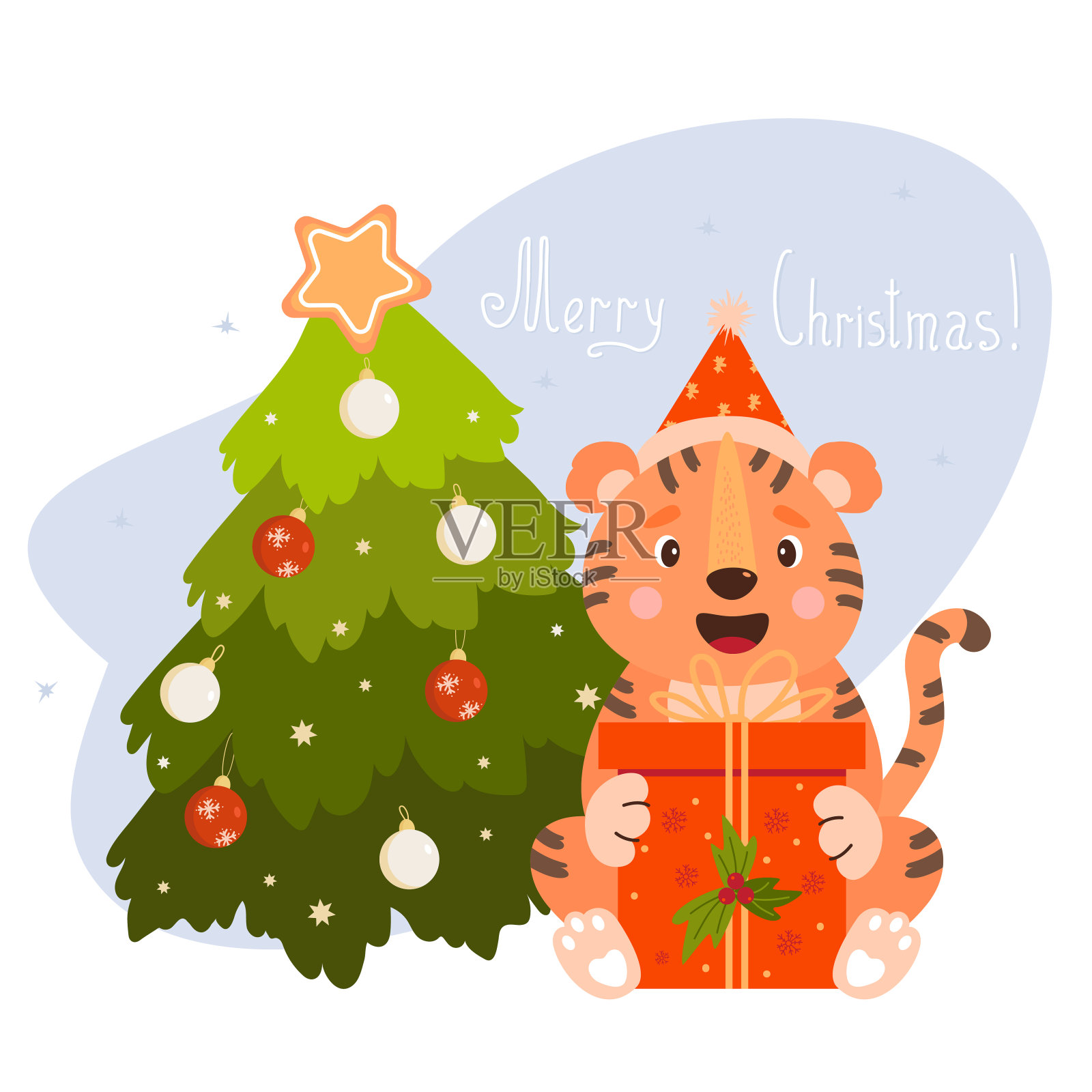 可爱的老虎戴着圣诞帽和大礼品盒和圣诞树与圣诞球。矢量插图。美丽的2022年新年动物象征的节日装饰和卡片，印刷和海报。插画图片素材
