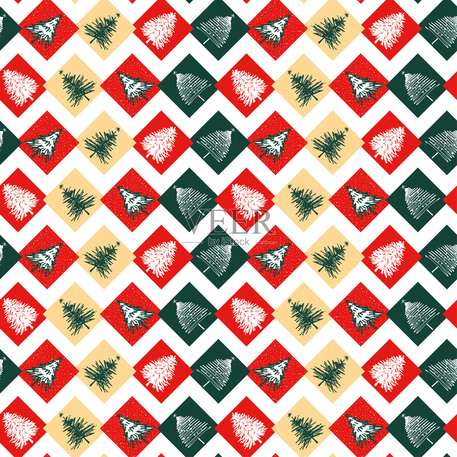 无缝模式从各种绘制的圣诞树在五颜六色的方形背景插画图片素材