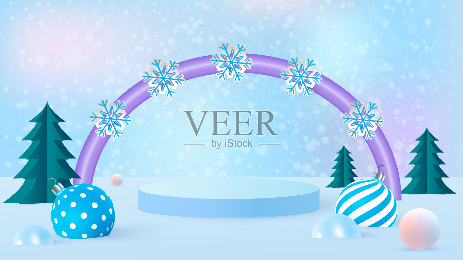 圣诞场景的产品介绍在蓝色背景与淡紫色拱门。圣诞树、新年装饰品和讲台。向量插画图片素材