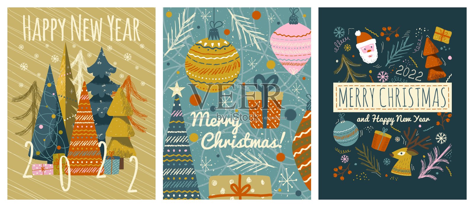 圣诞快乐和新年快乐贺卡模板。向量集冬季假日插图在复古风格。圣诞树和玩具，圣诞老人。2022年新年手绘海报插画图片素材