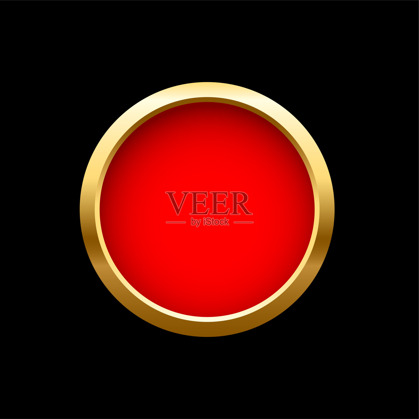 红色按钮在圆形的金色框架，3d闪光金属金色圆圈上的绿色按下按钮插画图片素材