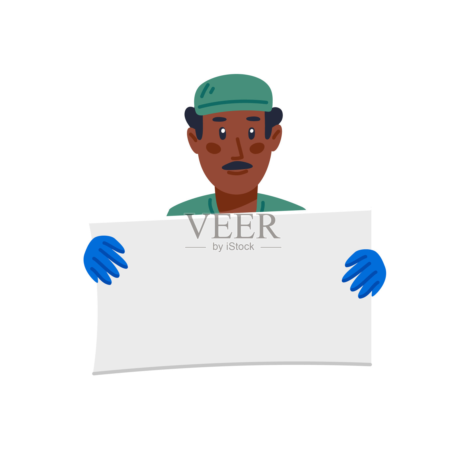 医生手持空白的白色海报，非裔美国男医生身穿绿色制服，手持空白标语。平面风格卡通矢量插图插画图片素材