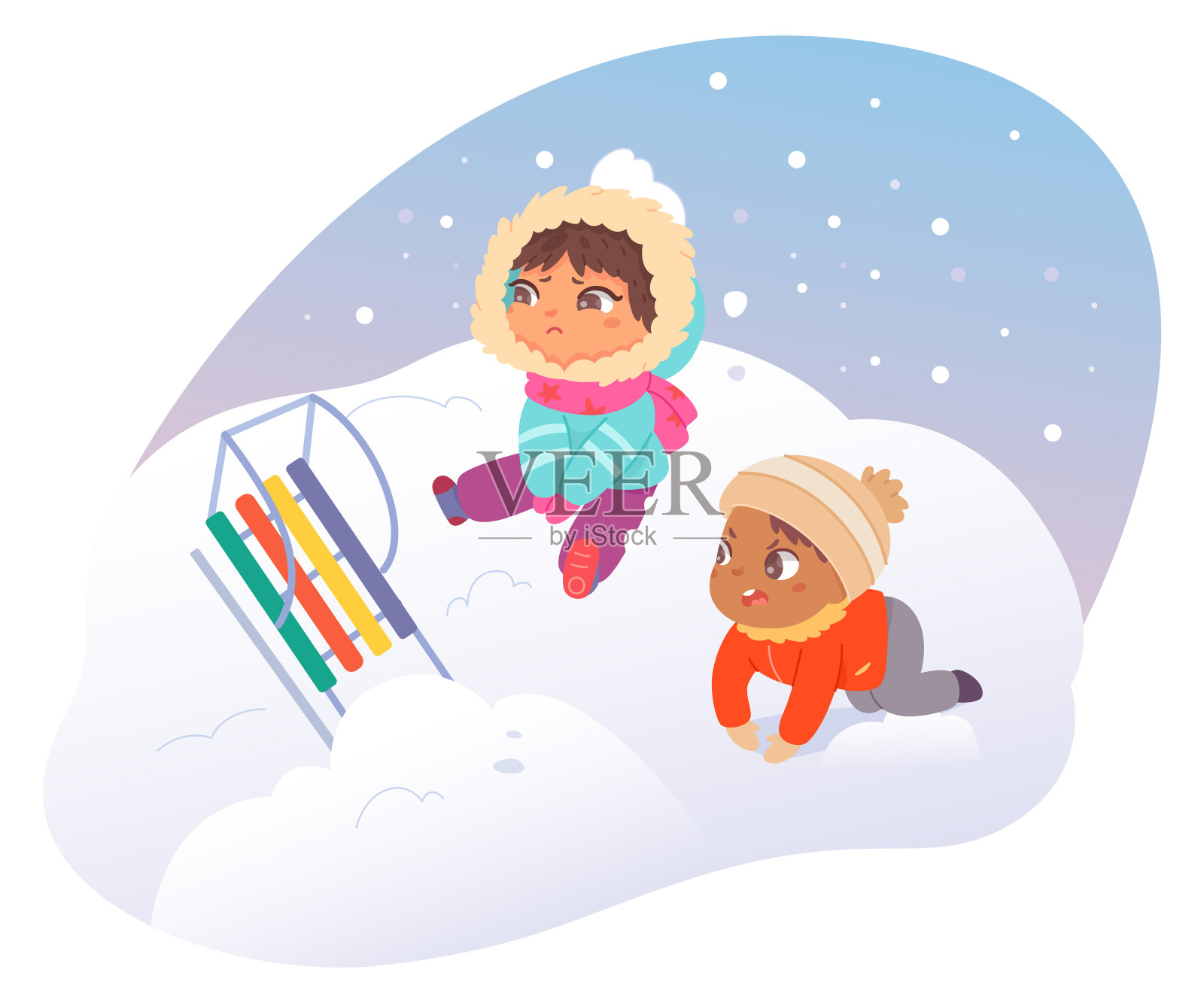 孩子们在冬季滑雪时意外摔倒，摔倒的孩子们感到沮丧插画图片素材