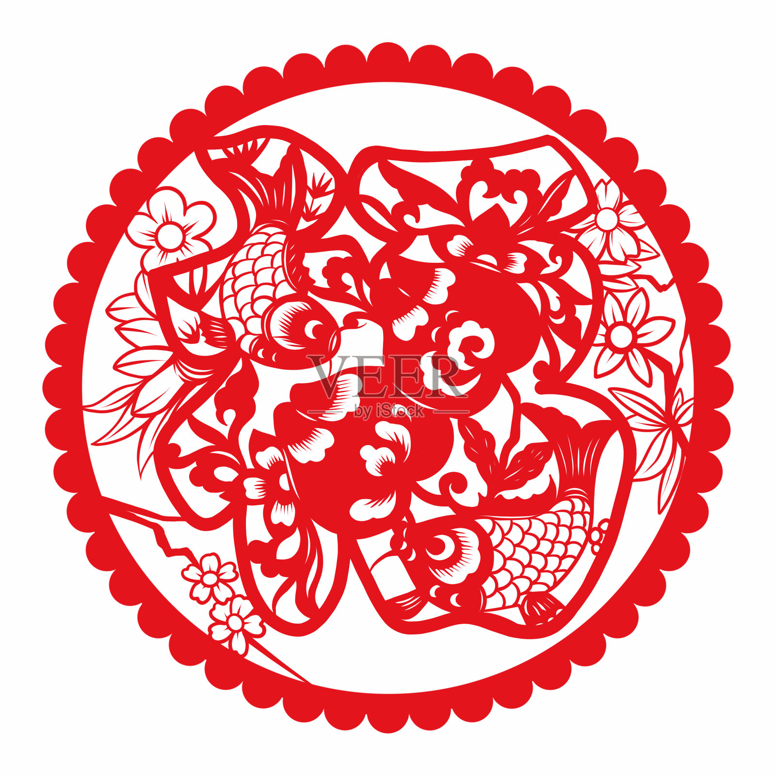 新年福字锦鲤花朵窗花-素材设计元素图片