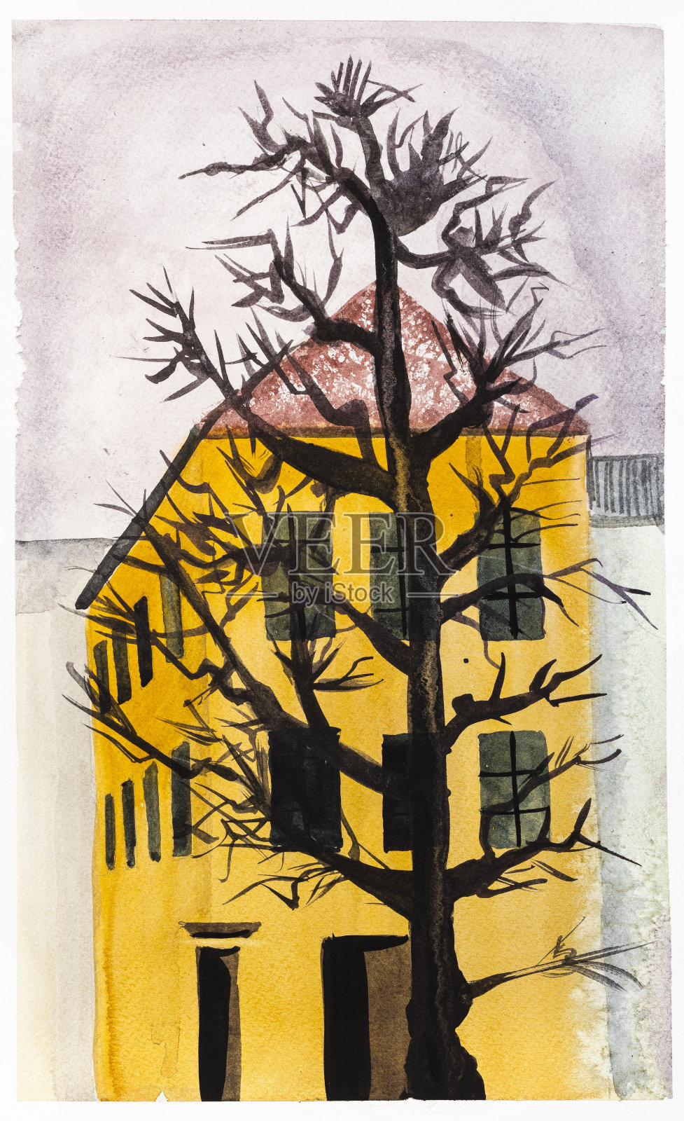 黄房子前的一棵老树，光秃秃的插画图片素材